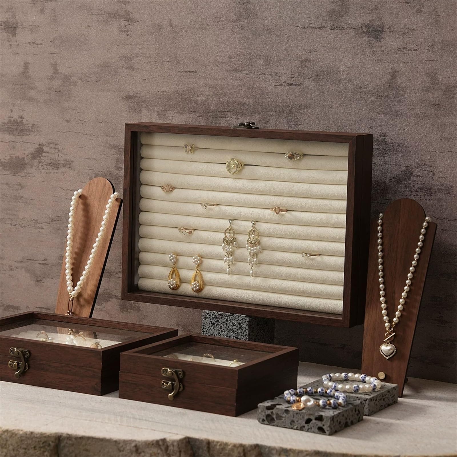 Stand di gioielli 8 Pcs Wooden Travertine Stone Jewelry Display Stand Set