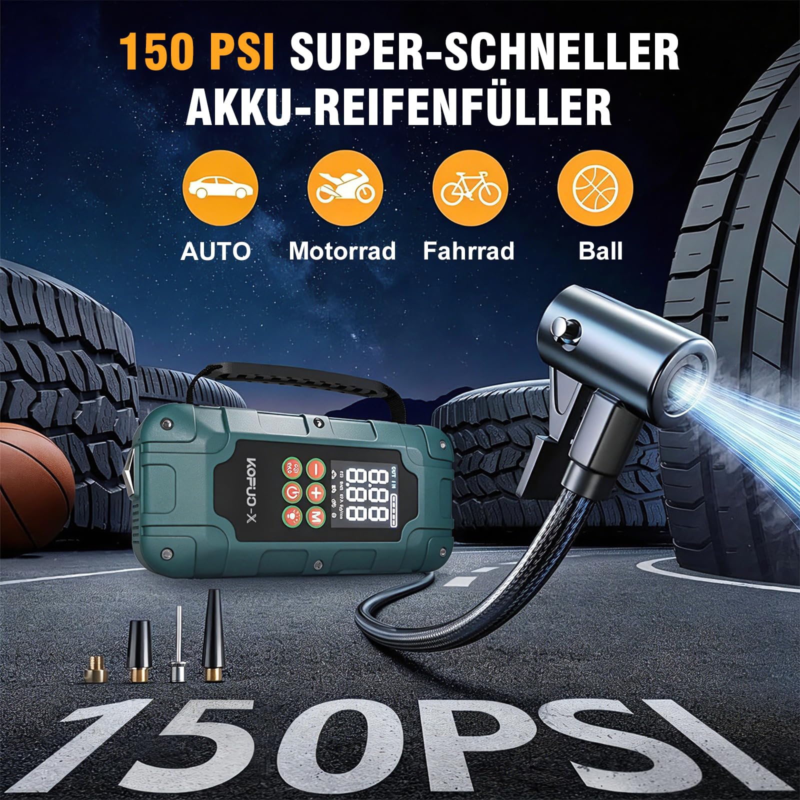7000A Starthilfe Powerbank für PKW mit Kompressor für 12V Autos | 8000mAh 150PSI Handgriff Auto Starthilfe Powerbank für 8L Benzin & 6.5L Diesel, Jump Starter mit 3 USB-Ausgägen, LED-Licht
