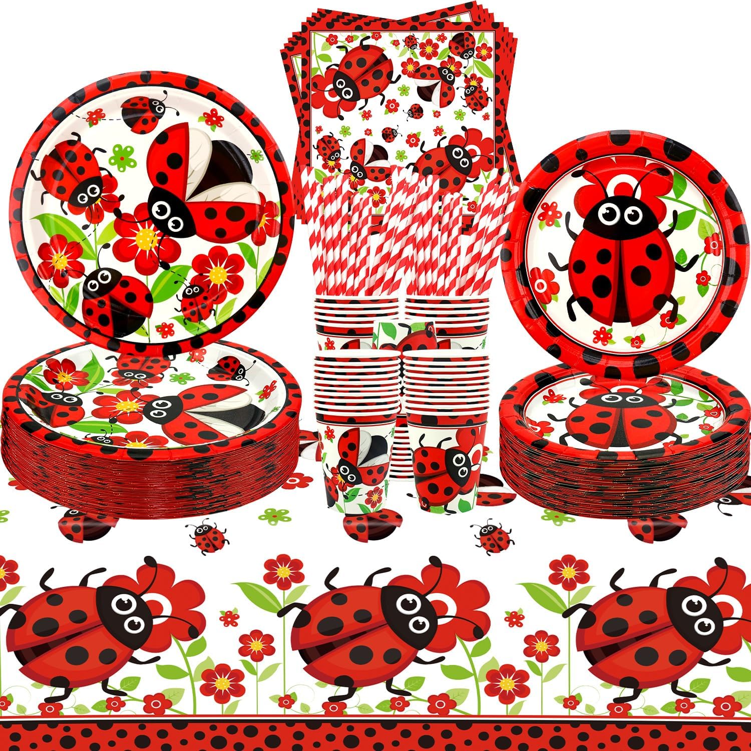 Ladybug Party Supplies - Ladybug Party Tableware - Dinner Plates Desserts Plates Cups Napkins Tablecover Straws for Ladybug Birthday Party Decorations Baby Shower Supplies, Serves 40