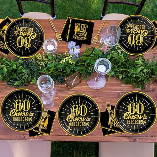 Miniatura 5 de Juego de 96 platos y servilletas para cumpleaños de 60 años, suministros de fiesta de saludos a 60 años, decoraciones de cumpleaños de 60 años,
