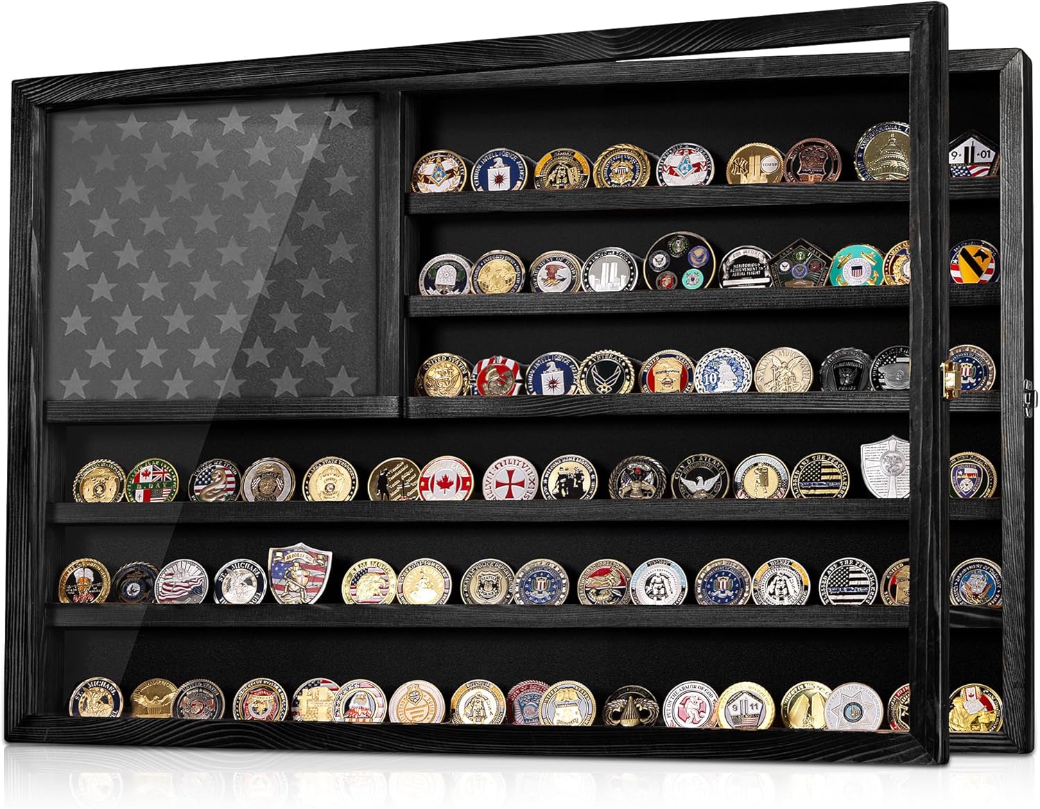 challenge coin display case, lockable military coin holder cabinet with removable star board & hd tempered glass door (27.6"l x 18.1"w), solid wood wall mount coins collection rack stand (black)