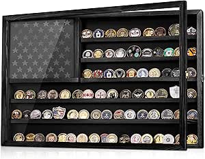MOCAS Challenge Coin Display Case, Lockable Military Coin Holder Cabinet with Removable Star Board & HD Tempered Glass Door (27.6"L x 18.1"W), Solid Wood Wall Mount Coins Collection Rack Stand (black)
