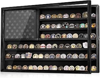 Challenge Coin Display Case, Lockable Military Coin Holder Cabinet with Removable Star Board & HD Tempered Glass Door (27.6"L x 18.1"W), Solid Wood Wall Mount Coins Collection Rack Stand (black)