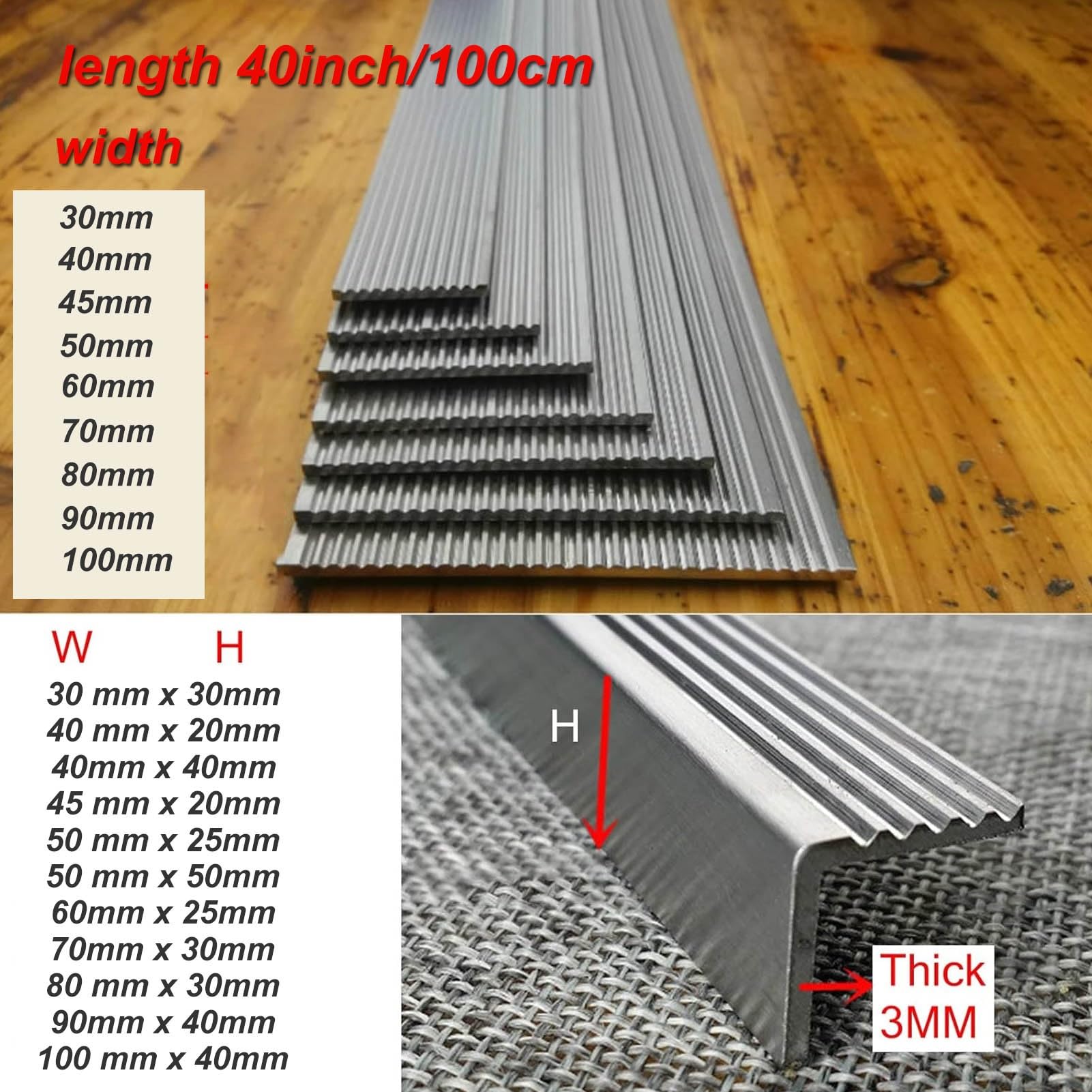 Borde de Escalera Antideslizante de Acero Inoxidable, Tira de Transición para Suelo Exterior de 100 cm, Protector de Borde de Escalera en Forma de L(80 mm x 30mm)