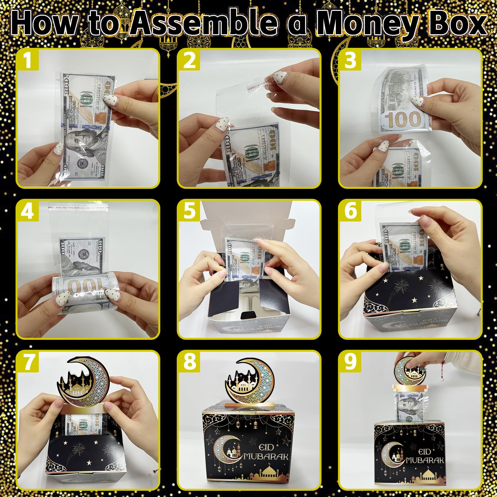 Eid Mubarak Money Box for Cash Gifts Funny Pull Cash from Money Case for Ramadan Surprise Novelty DIY Star Moon Lanterns Castles Cash Drawer for Islamic Muslim Al-Fitr Party Supplies - Image 4