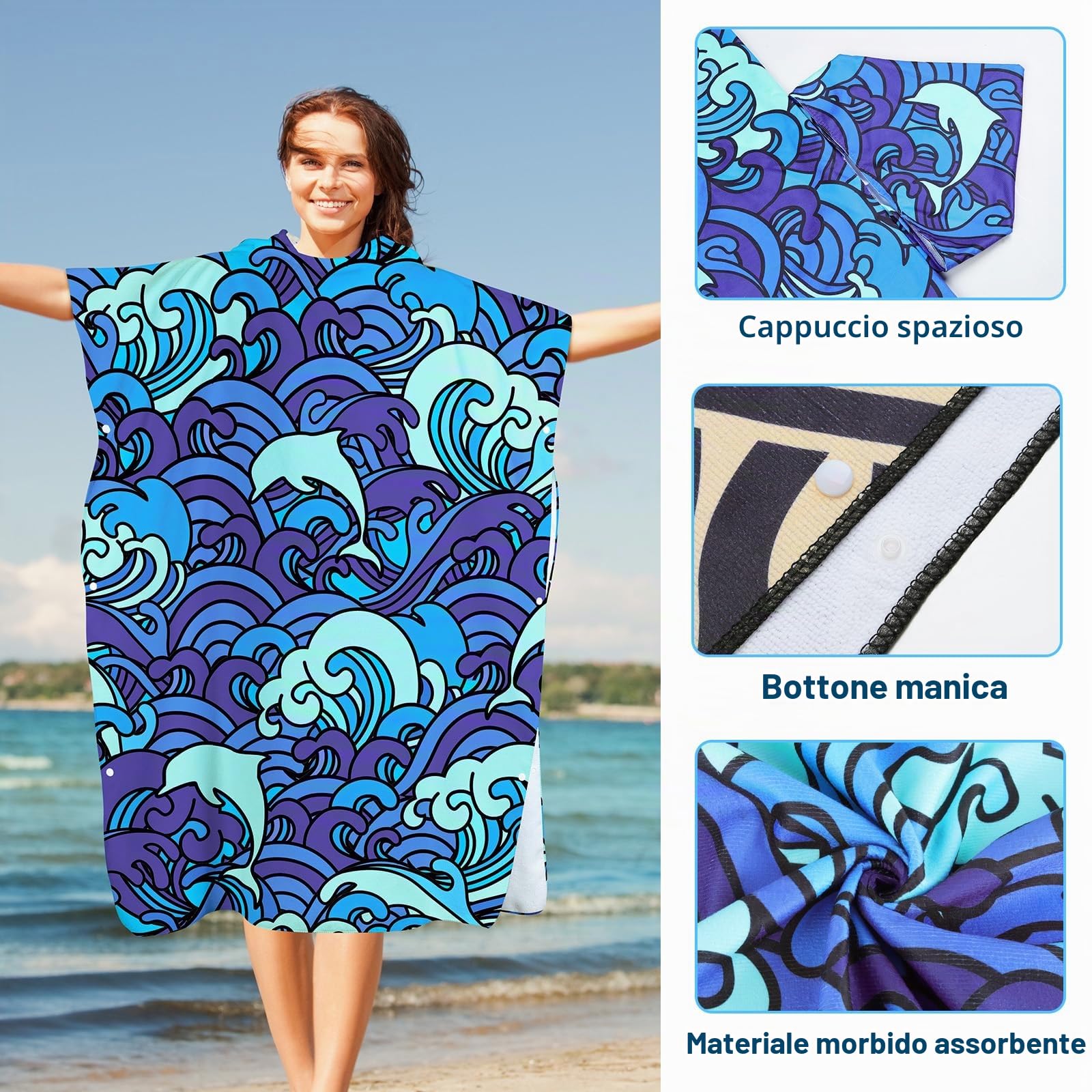 Surf Poncho con Cappuccio Asciugamano Microfibra,Adulto Cambiarsi Accappatoio 90x105cm,Telo da Bagno Asciugatura Rapida Assorbente,per Nuoto,Spiaggia e Viaggio(Onde Blu)