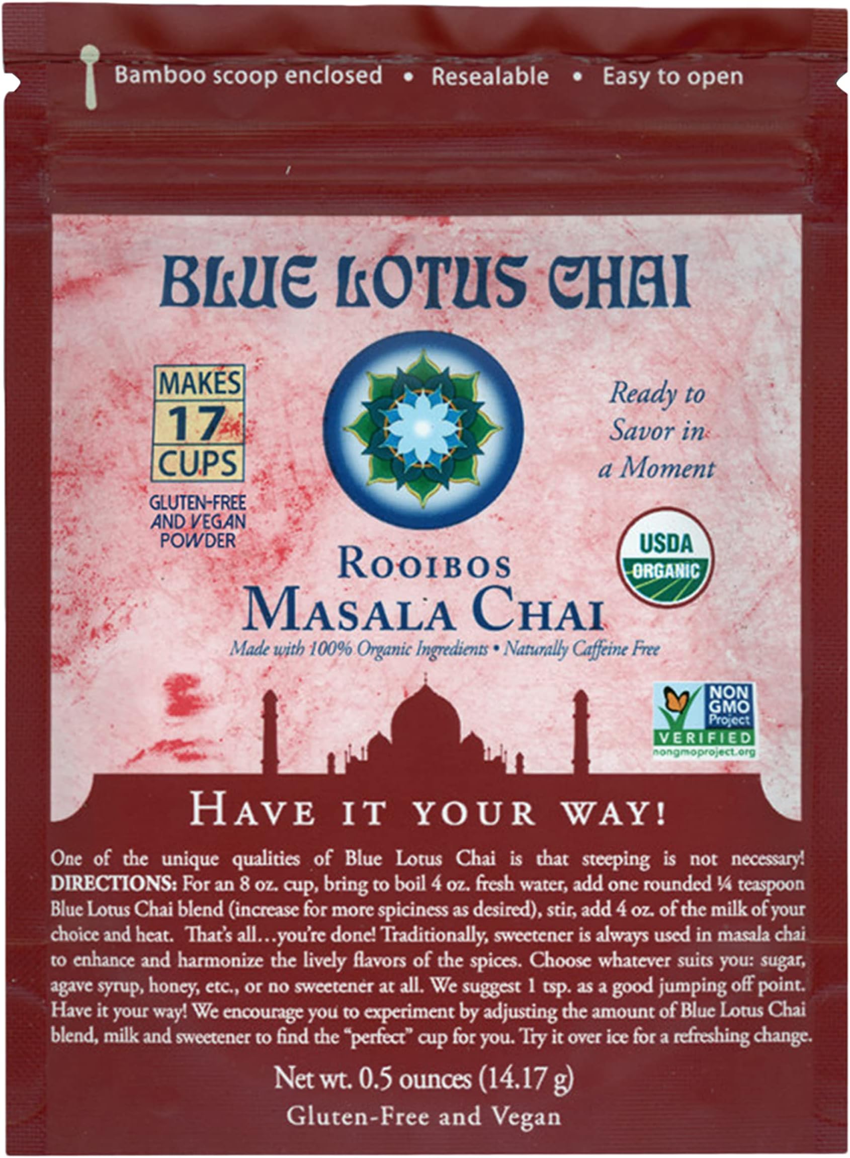 Blue Lotus Chai - Rooibos Masala Chai - Makes 17 Cups - 0.5 oz Pouch Masala Spiced Chai Powder with Organic Spices - Instant Indian Tea No Steeping - No Gluten