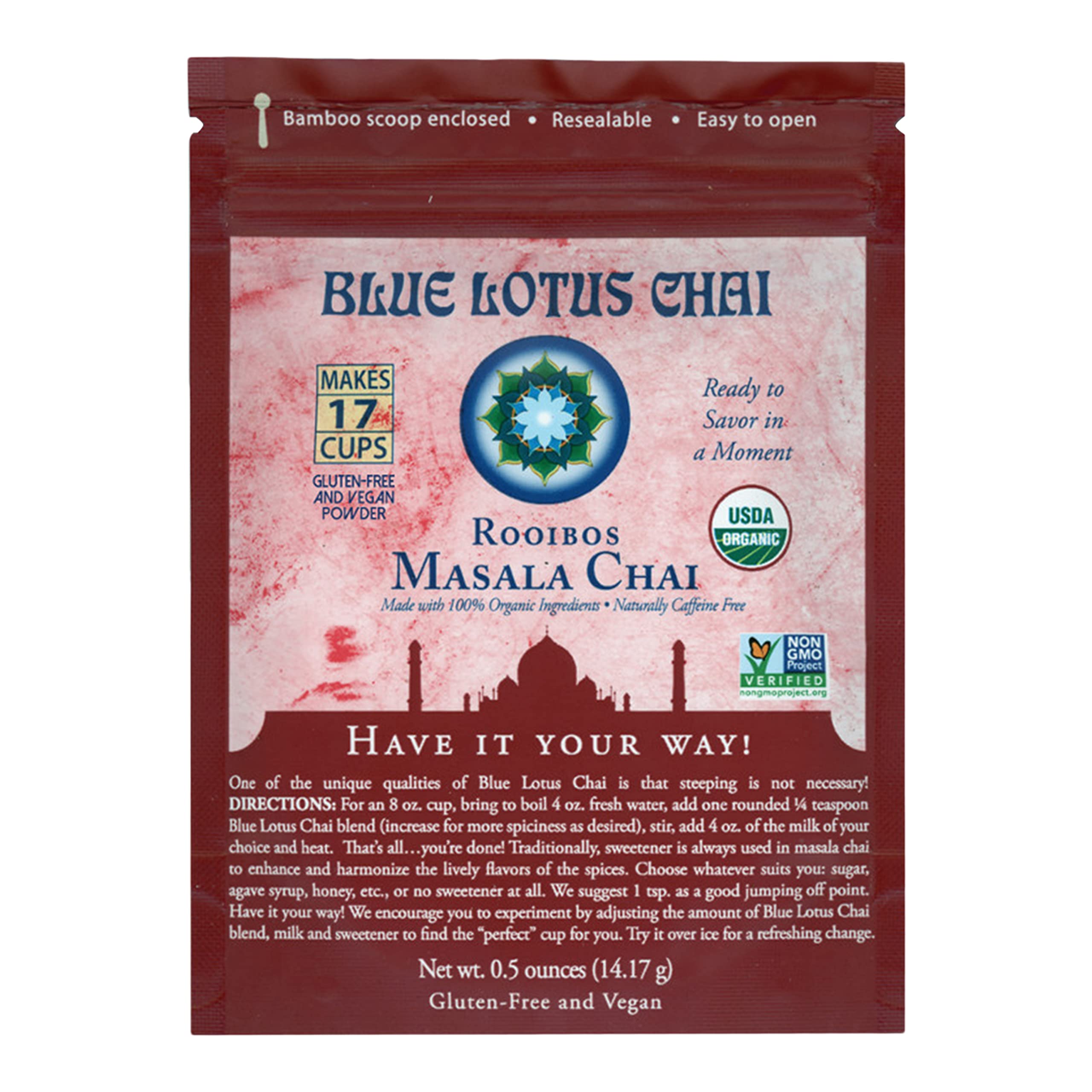 Blue Lotus Chai - Rooibos Masala Chai - Makes 17 Cups - 0.5 oz Pouch Masala Spiced Chai Powder with Organic Spices - Instant Indian Tea No Steeping - No Gluten