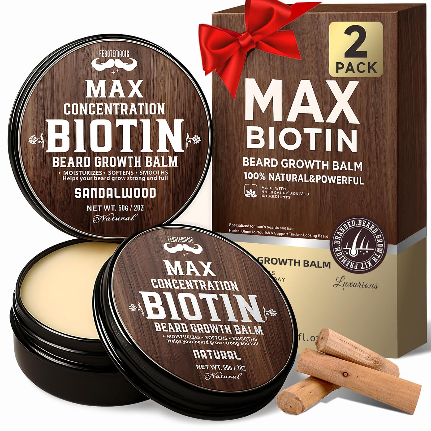 2 Pack Biotin Beard Balm Set for Men – Natural & Sandalwood Butters – Non-Itchy, Moisturize, Strengthen & Shape Beards – Grooming Gift Set for Father's Day, Anniversaries, Christmas