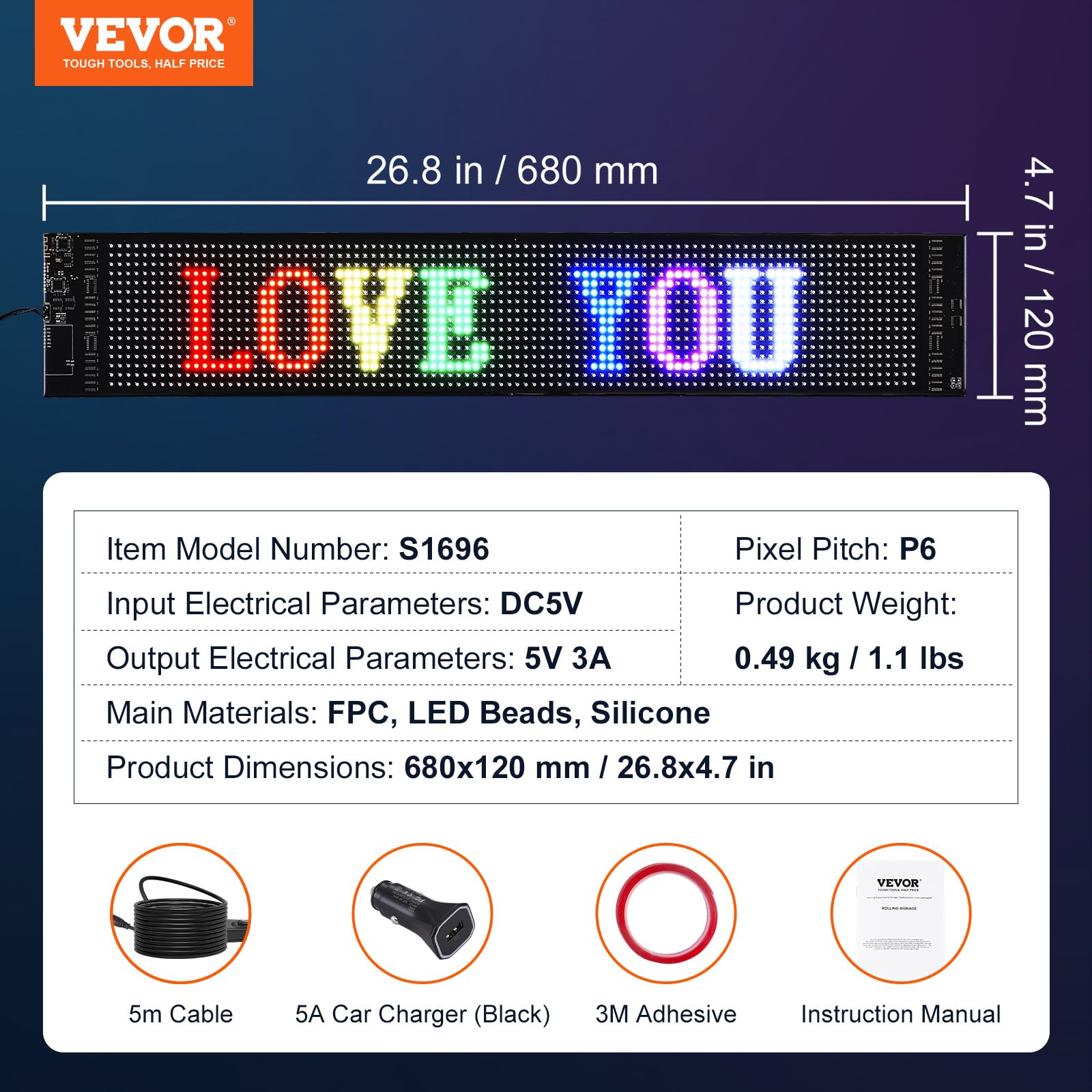 VEVOR Señal Luminosa LED Programable Flexible, Cartelera Desplazable a Todo Color P6, Panel Publicitario LED, Control de Aplicación Bluetooth, para Tienda, Bar, Publicidad, 68x12 cm
