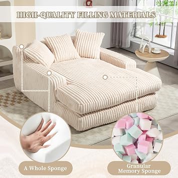 Ball & Cast 155 cm Chaise Lounge Chair, Boneless Couch, Set of Sofabed Floor Lounge Sofa with Movable Pillows & Side Pockets, Cloud Couch with Armrests for Living Room, No Assembly Required, Beige