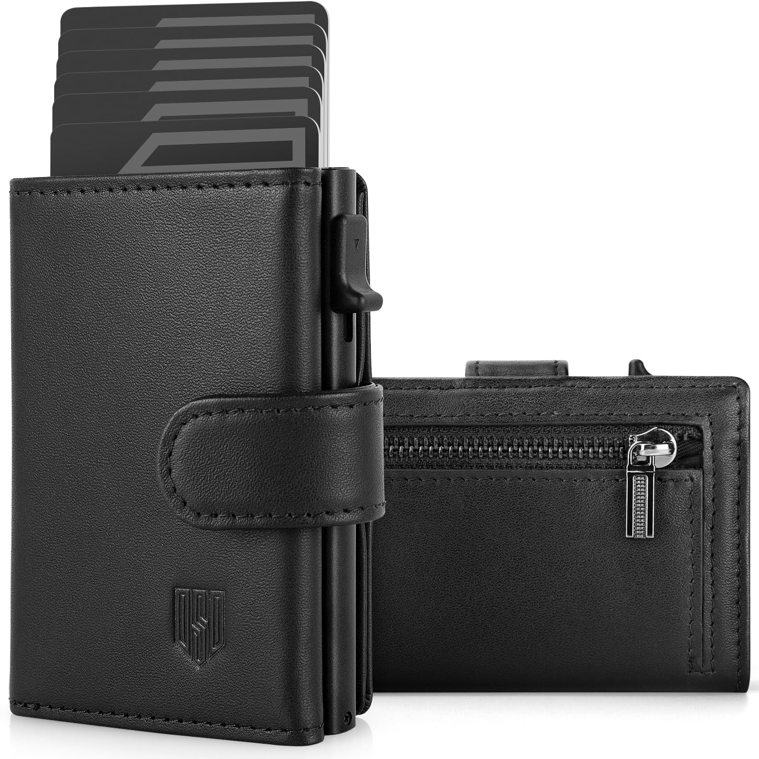 DODENSHA Portafoglio Uomo Piccolo | Porta Carte Credito Schermato | Portafoglio Uomo Slim RFID con Portamonete | Scomparto per Contanti | Custodia in Metallo Pop-up per 8-10 Carte | Slot ID | Pelle