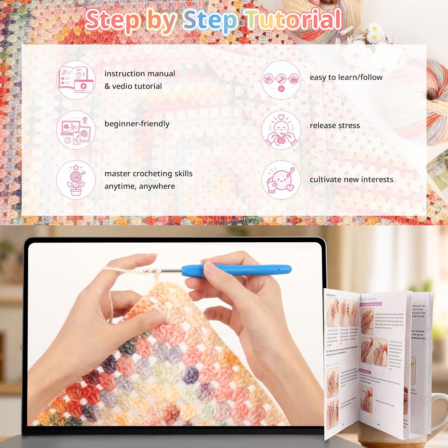 Coopay Crochet Kit for Beginners, Ombre Granny Square Blanket Kit, Sunrise | Gradient Crochet Starter Kit for Adults, Learn to Crochet Kit with Video Tutorial DIY Blanket Gift Craft Kit
