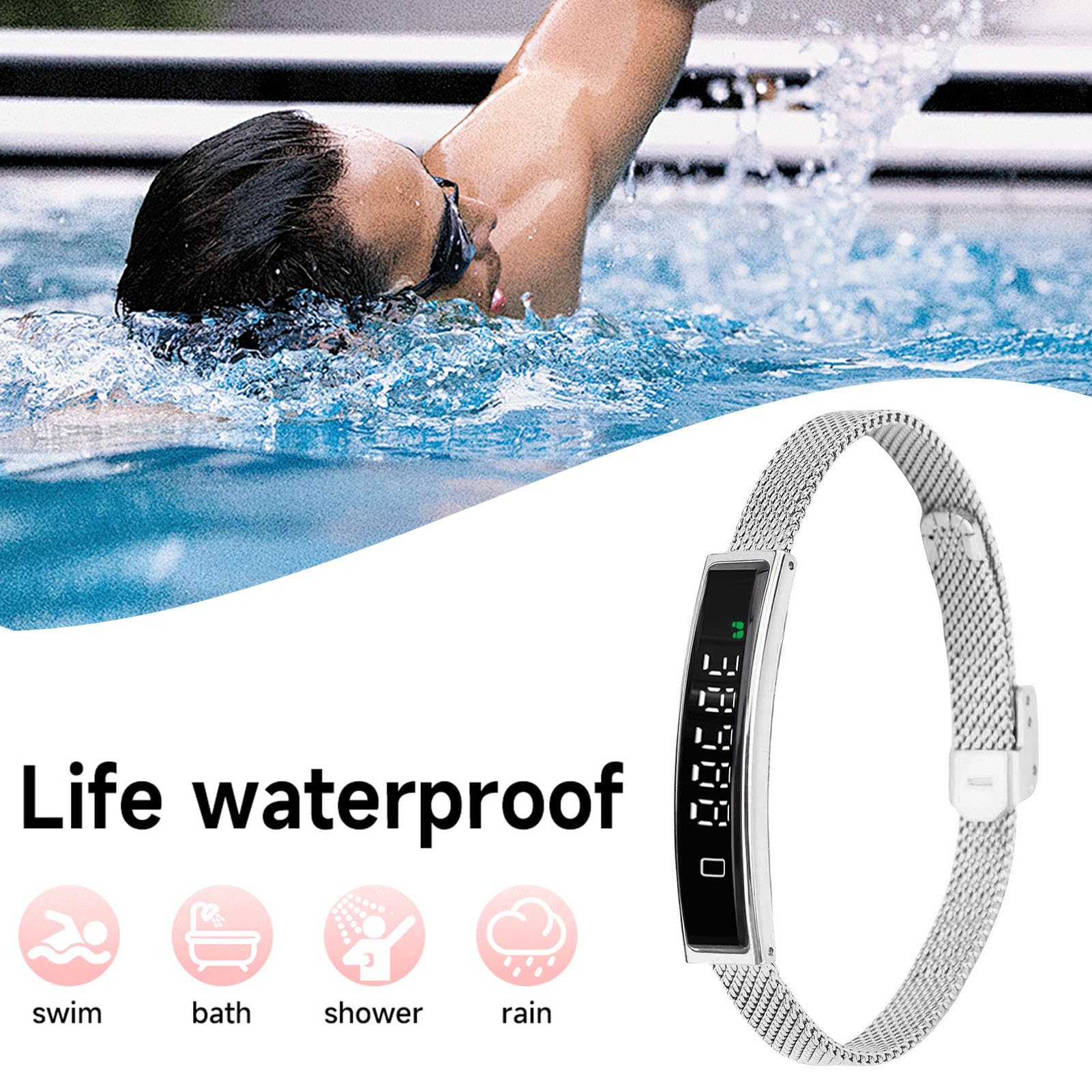 VBESTLIFE Bracelet Connecté Fitness Bluetooth 5.3 - Étanche IP68 - Argenté - Suivi Sportif, Contrôle Photo