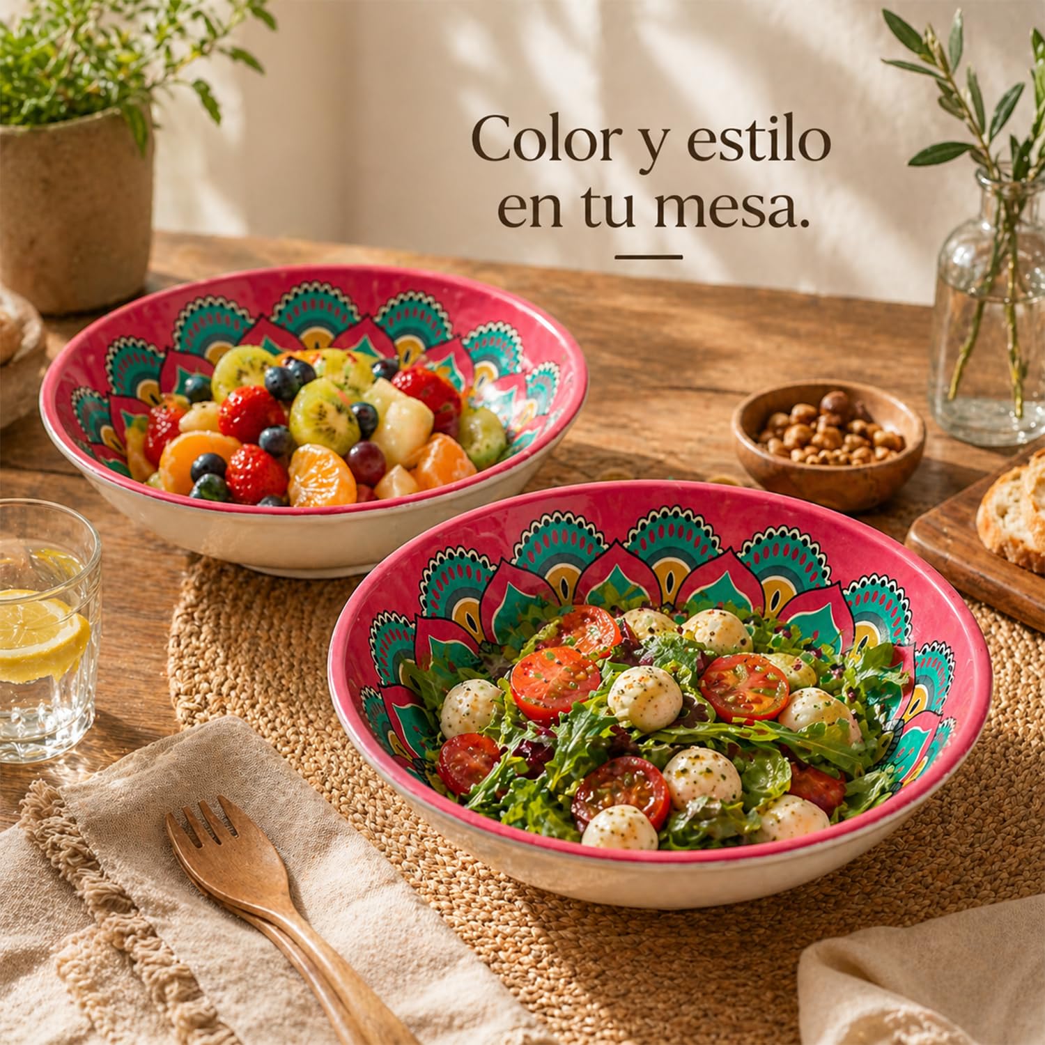 Set 2 Bowls Melamina 21 x 5,4 cm Uso Alimentario, Recipientes para Ensaladas, Snacks y Cereales, Livianos y Resistentes, Ideal Cocina Hogar