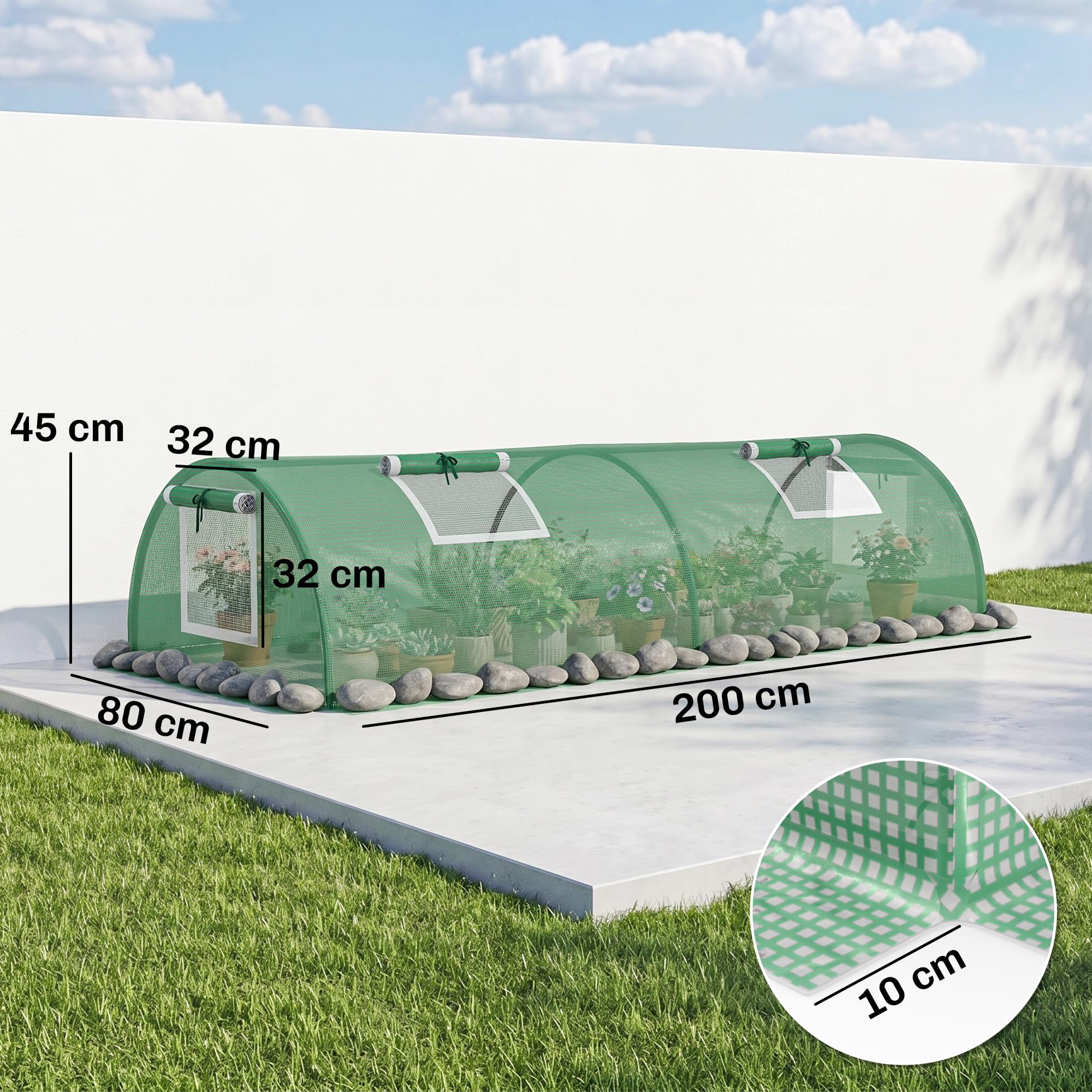 Outsunny Invernadero de Exterior, 200x80x45 cm, Invernadero de Jardín con 4 Ventanas Enrollables de Malla, Marco de Acero y Cubierta de PE 140g/㎡ Anti-UV para Cultivos, Plantas, Flores, Verde