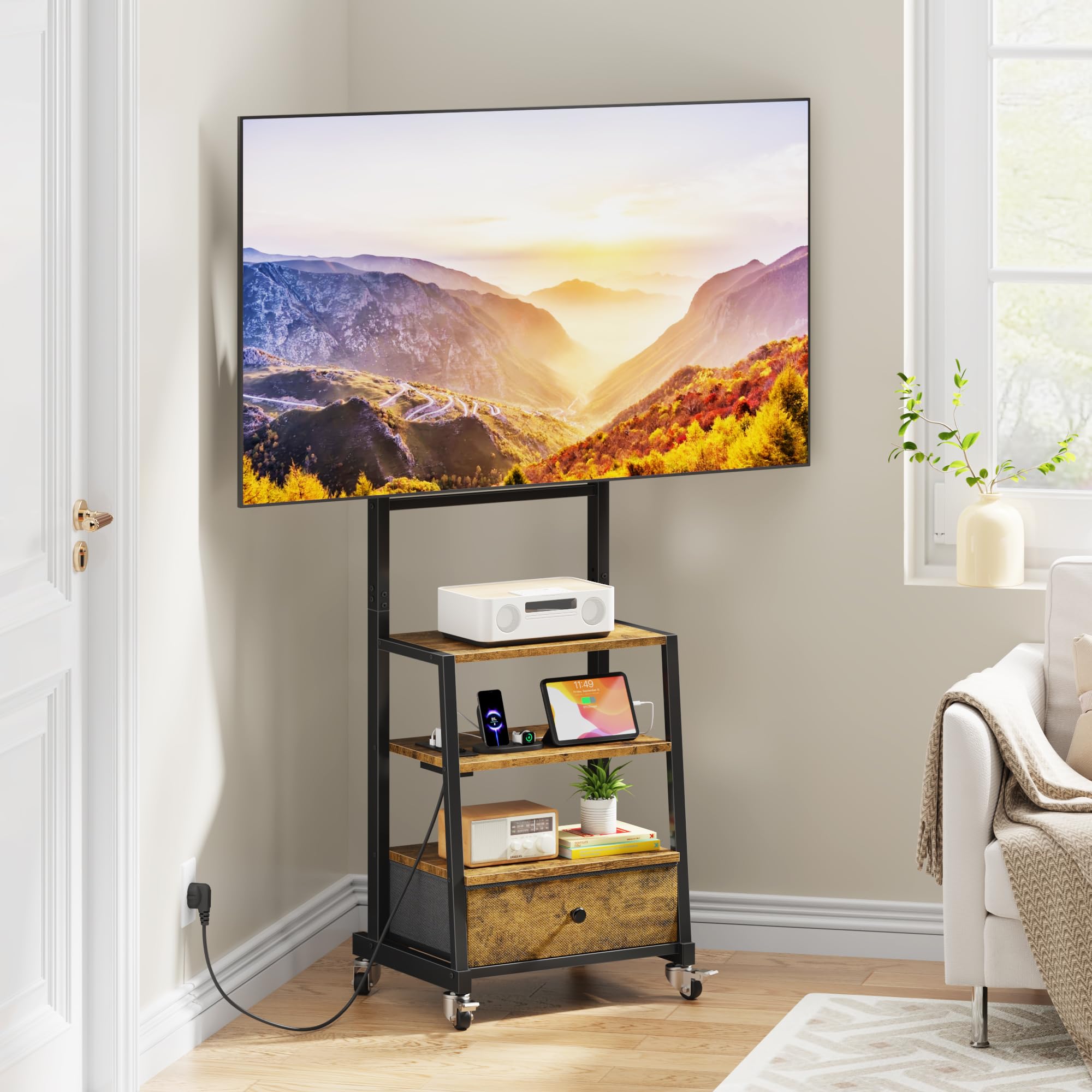 Supporto TV da Pavimento con Ruote per TV 32-75 Pollici, Marrone | Presa di Corrente e USB | 3 Ripiani | Cassetto in Tessuto | Altezza Regolabile | Max VESA 600x400 mm | Carico 50 kg