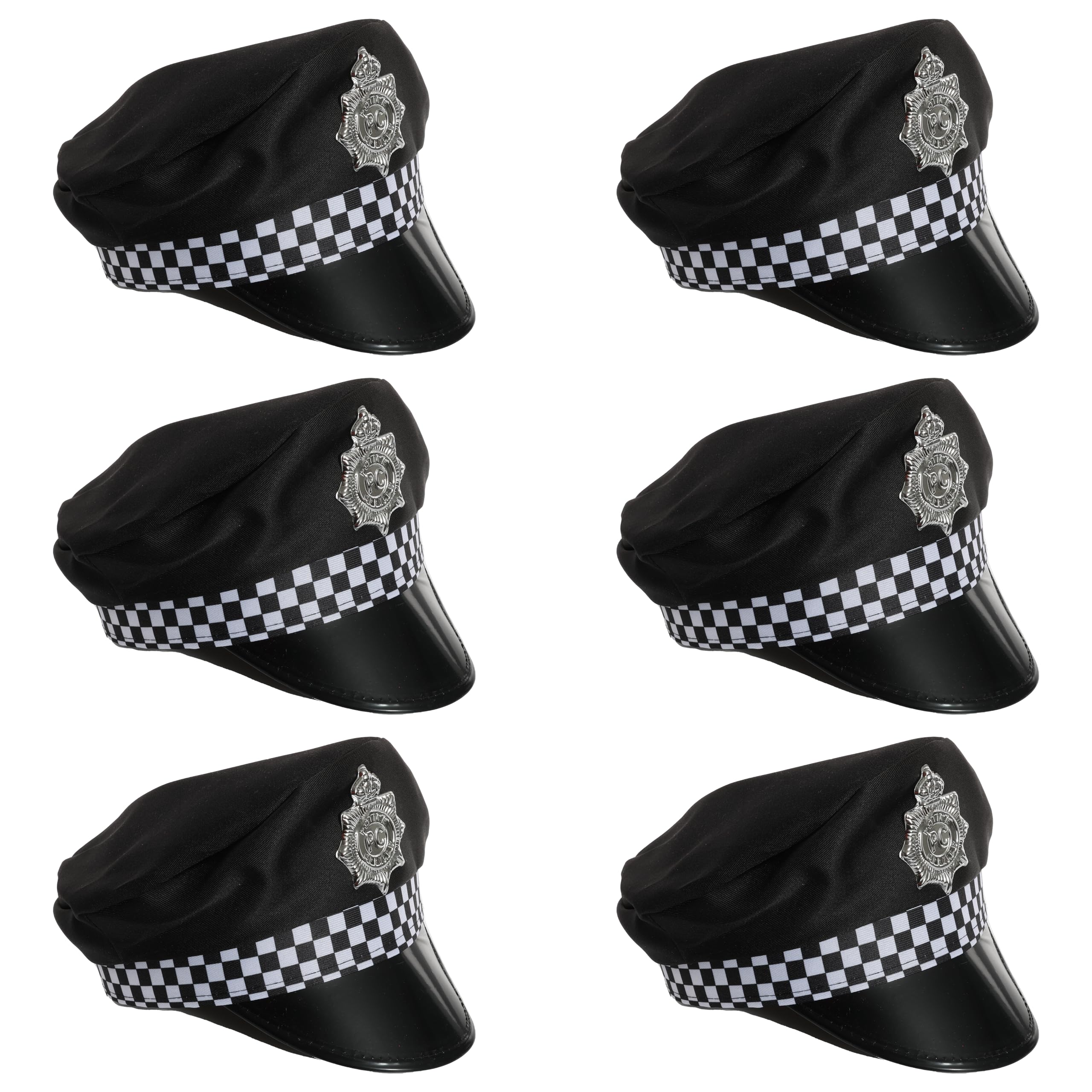 Adults Police Hat - Pack of 6 - Black Panda Cap with Silver Badge - Adults Stag Night Police Officer Copper Fancy Dress Costume Accessory