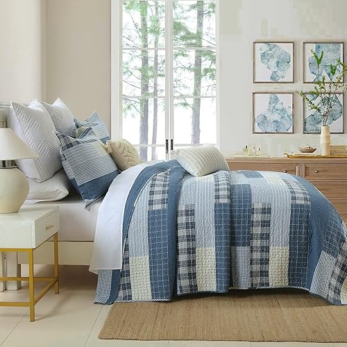 Vista 23 de Finlonte Juego de edredón tamaño King, colcha a rayas marrón, verde, beige, edredón reversible ligero para todas las estaciones, 3 piezas