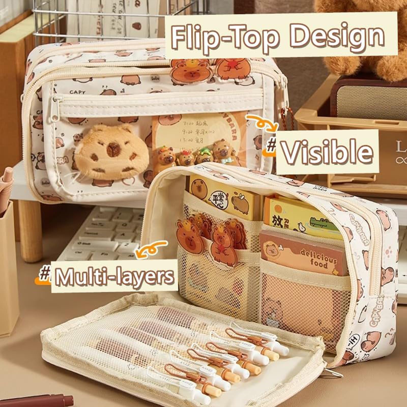 FloralGrace 1 Piece Fold-over Pencil Case Cute Pencil Bag with Kawaii Capybara Decor - Image 3