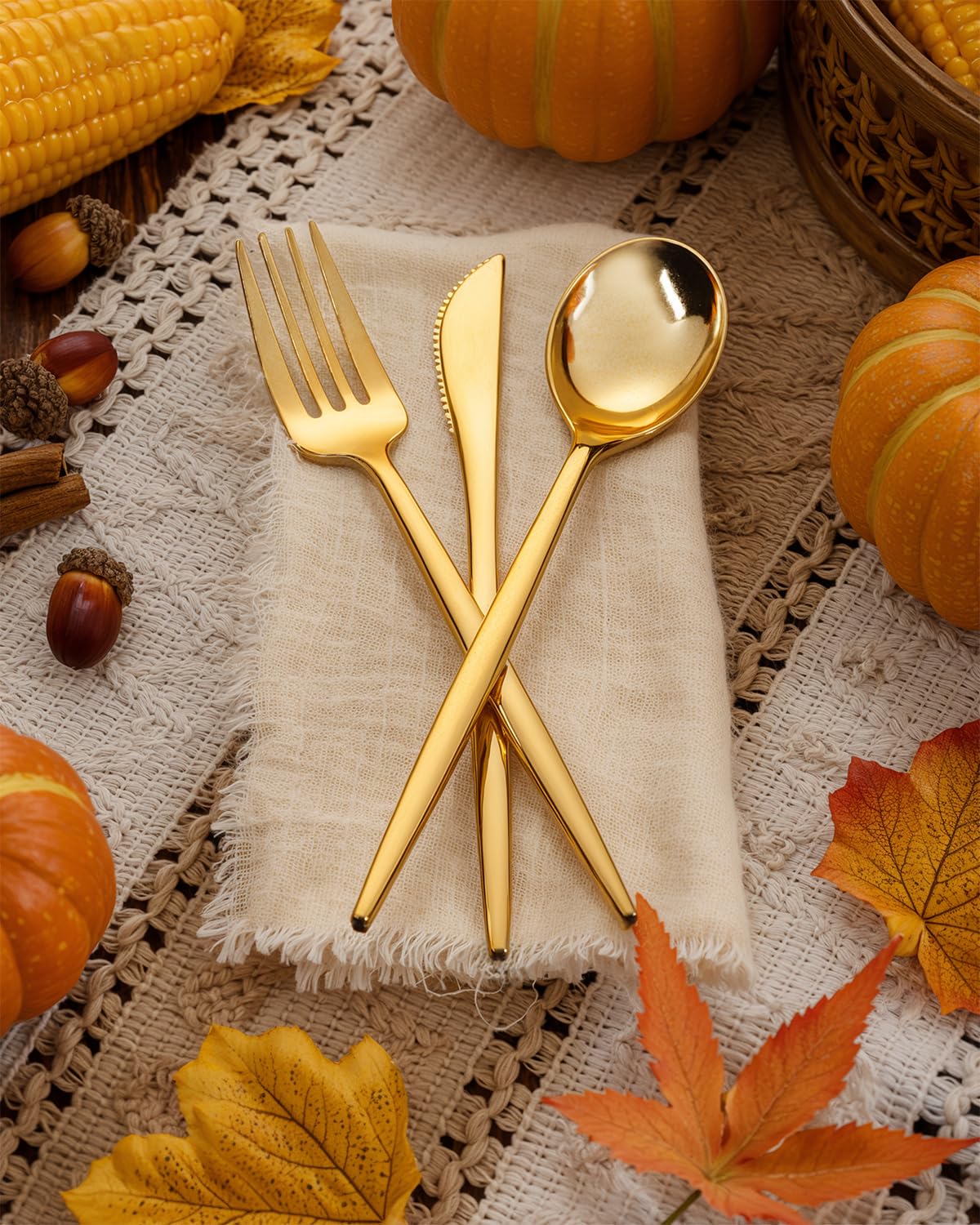 PULOTE 150PCS Thanksgiving Gold Plastic Silverware Disposable - Heavy Duty Gold Plastic Cutlery - Gold Plastic Utensils Set Include 50 Knives,50 Forks,50 Spoons for Party&Wedding
