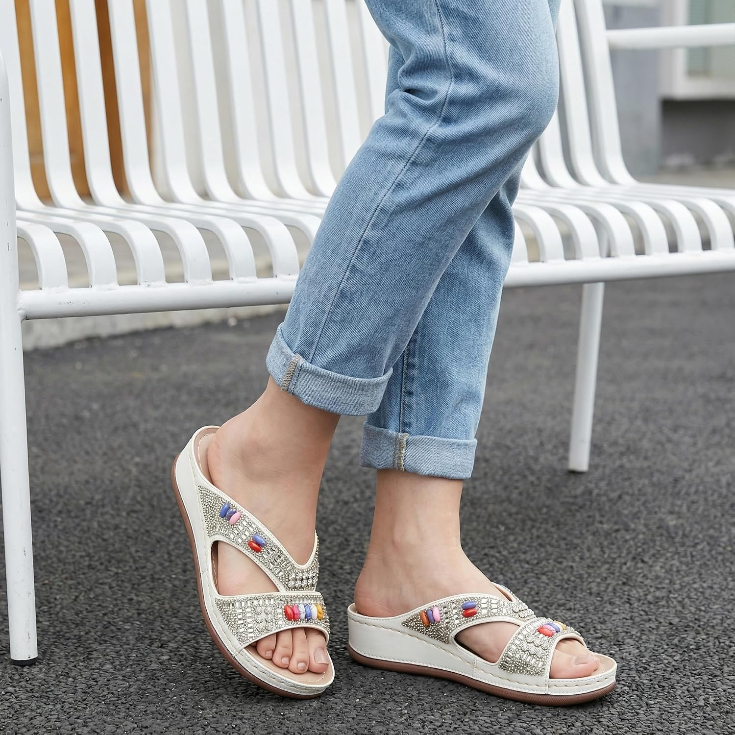 Ecetana Womens Sandals Wedge Slides Dressy Summer Rhinestone Beaded Bohemian Platform Comfortable Casual Shoes
