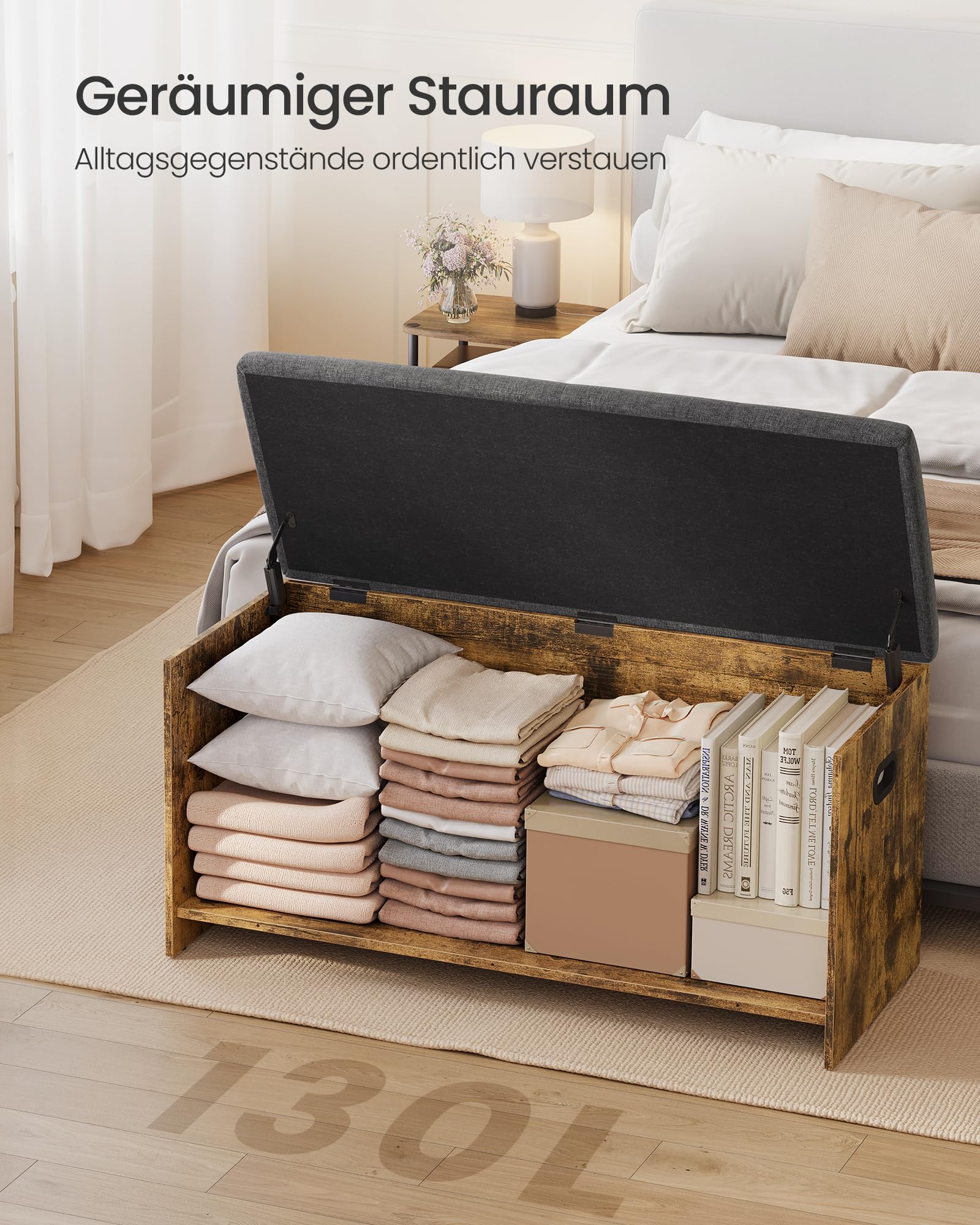 VASAGLE Truhe mit Deckel, Truhenbank mit Stauraum, 2 Sicherheitsscharniere, Schuhbank, Landhausstil, für Flur, Schlafzimmer, Wohnzimmer, 41 x 101 x 49 cm, vintagebraun-schiefergrau LSB068K101
