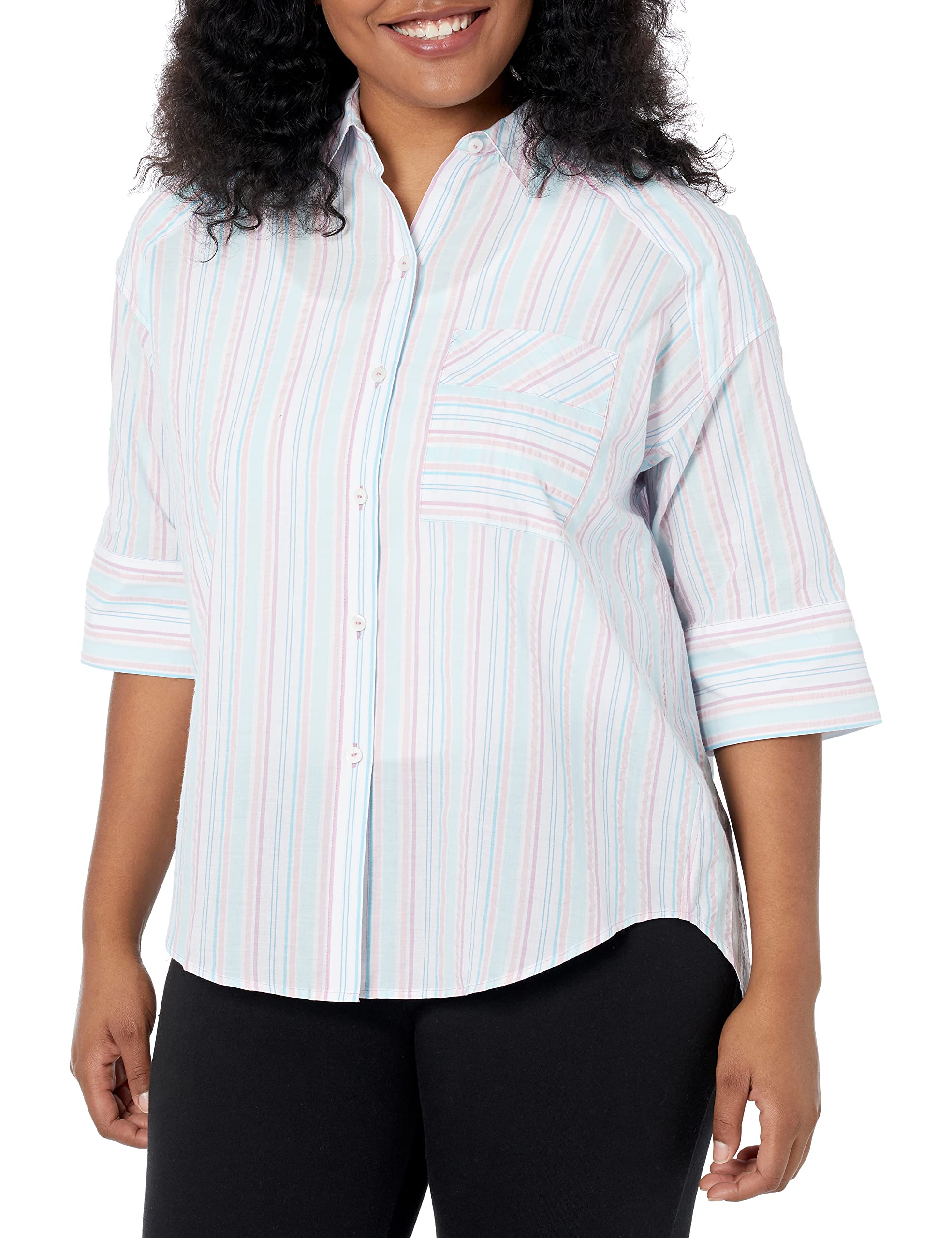 Foxcroftwomens Joanna 3/4 Sleeve Coastal Stripe Blouse Tunic Shirt