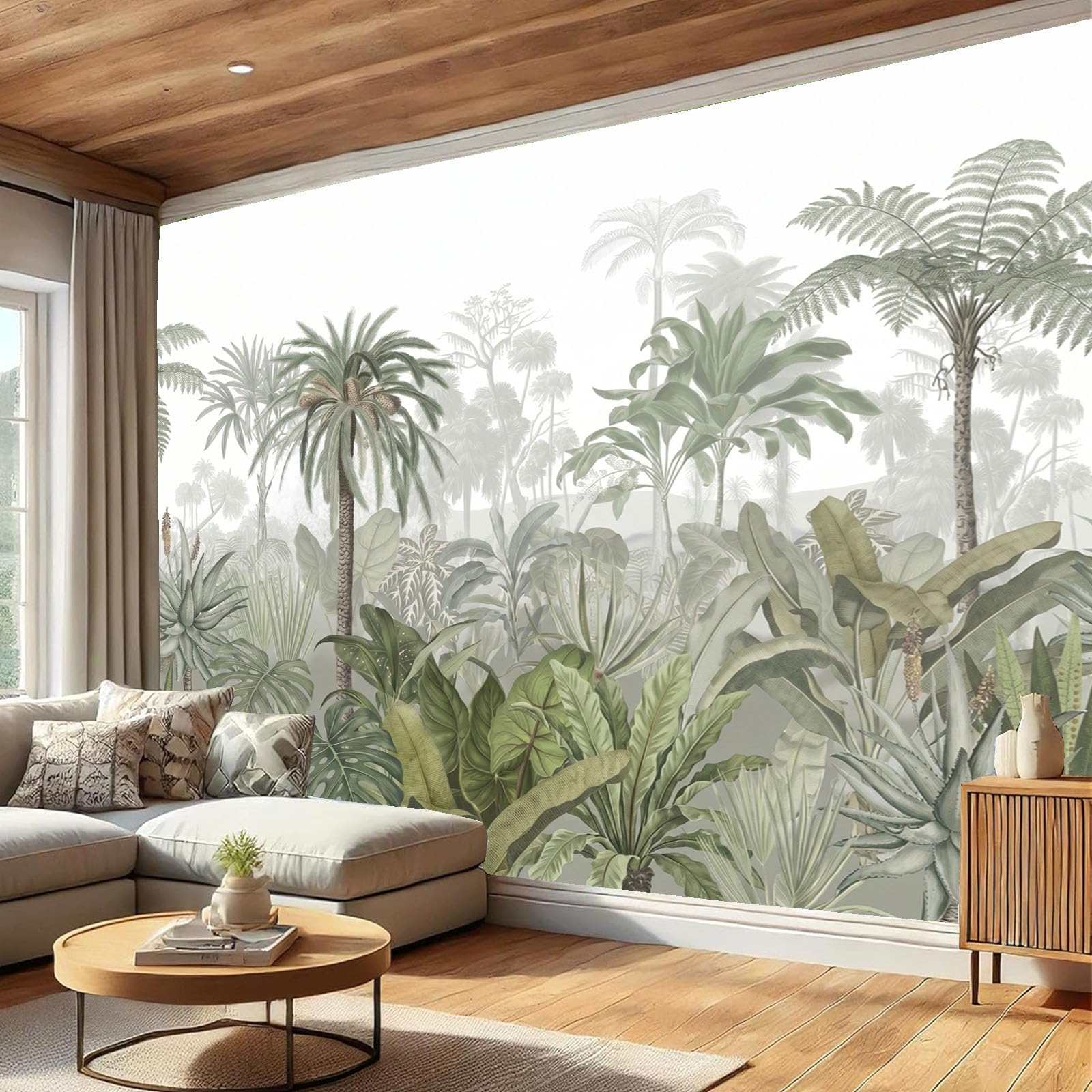 Papier peint panoramique plantes vertes rétro pour créer un salon nature et relaxant
