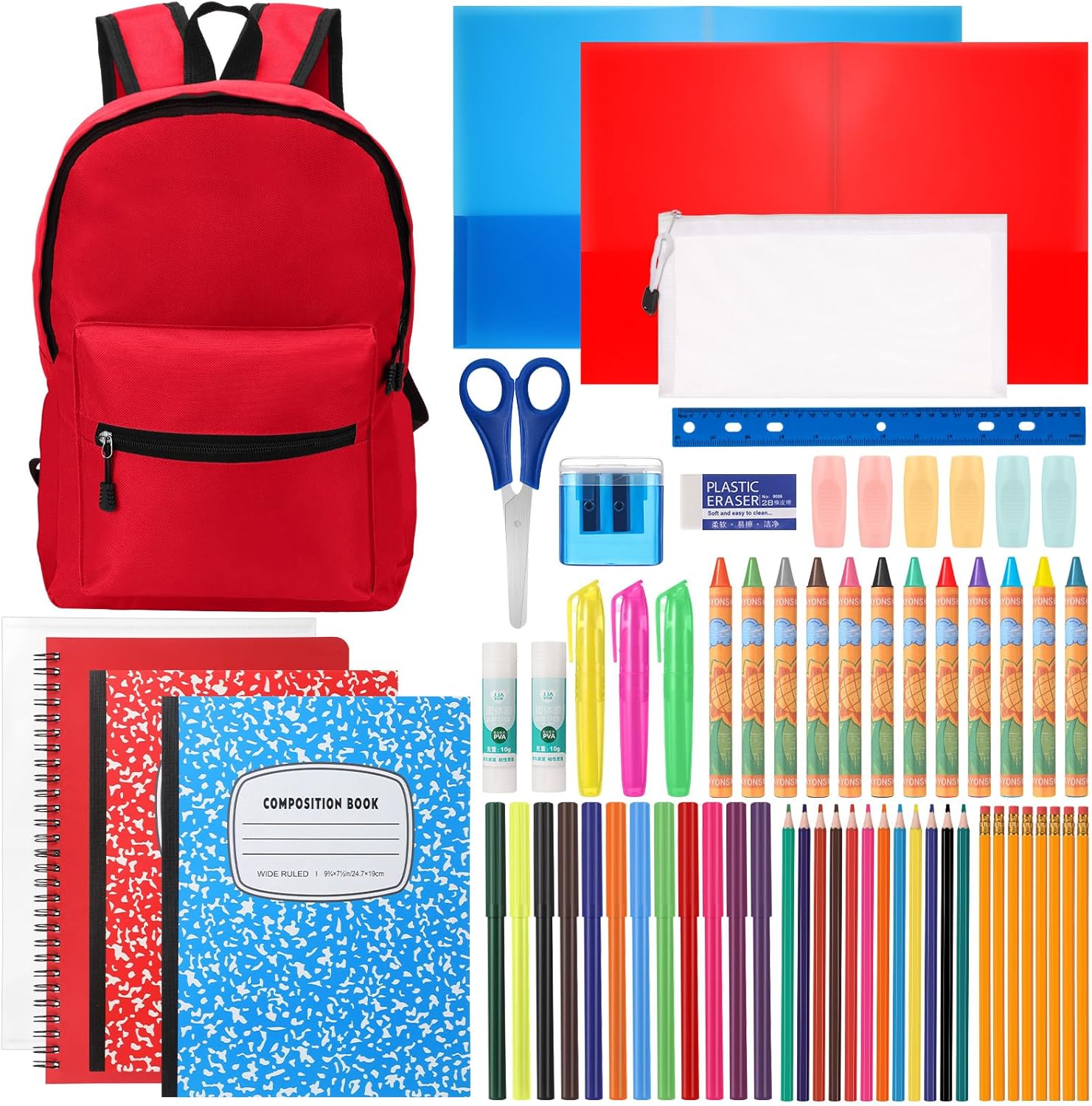 Gilprop Back to School Supplies with Backpack Kids Kindergarten Preschool Elementary Supply Bundle Kit Middle High School Notebook for K-12 Student Girl Boy Classroom(Red)