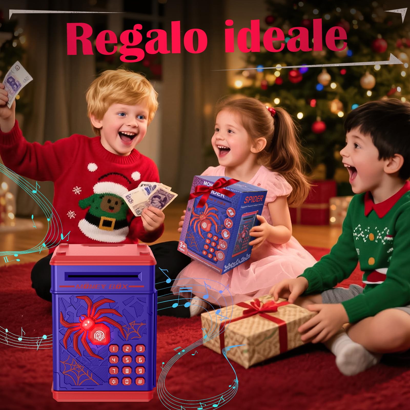 Yellcetoy Salvadanaio Elettronico per Bambini, Spider Cassaforte con Codice di Sicurezza e Musica, Compleanno Regali di Natale per Ragazzi Ragazze 3 4 5 6 7+ anni Blu