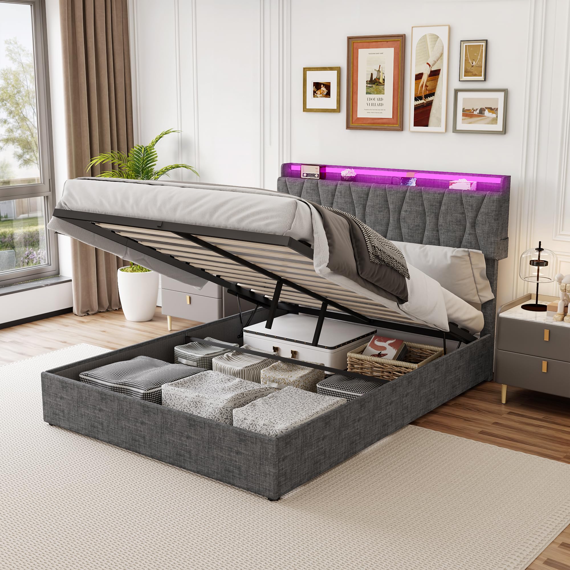 Vabches Full Size Lift Up Bed Frame with Storage, Charging Station ...