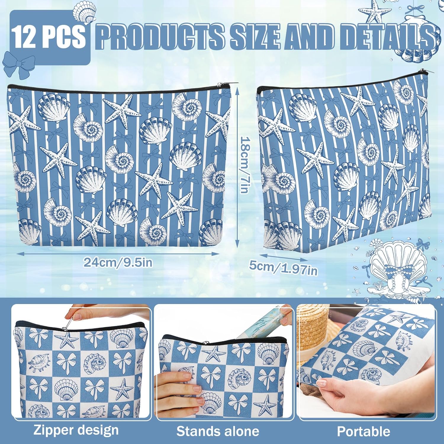 Reginary 12 Pcs Ocean Bow Makeup Bags Beach Gifts for Women Seashell Starfish Cosmetic Bags with Zippers Coquette Aesthetic Pouch Bulk Gifts for Stuff Nautical Party Favors Supplies Travel Accessory