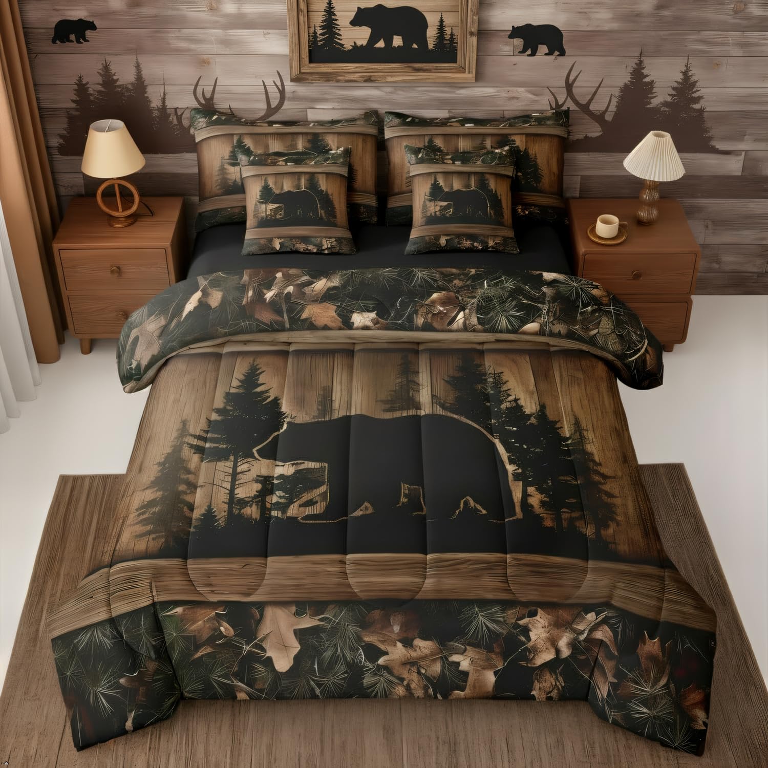 Farmhouse Black Bear Twin Comforter Set with Sheets 7 Piece Rustic Camo Bed in A Bag Country Cabin Lodge Bedding Sets for Kids Adults,Woodland Animal Bed Set