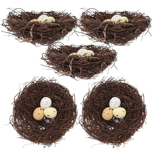 5pcs Artificial Bird Nest Ornament with Fake Eggs, Resin Garden