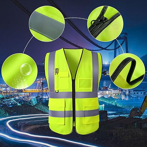 Miniatura 6 de PFTPOW Chaleco de seguridad personalizado para hombre, chaleco personalizado de alta visibilidad, ropa de trabajo con tira reflectante, 5 bolsillos