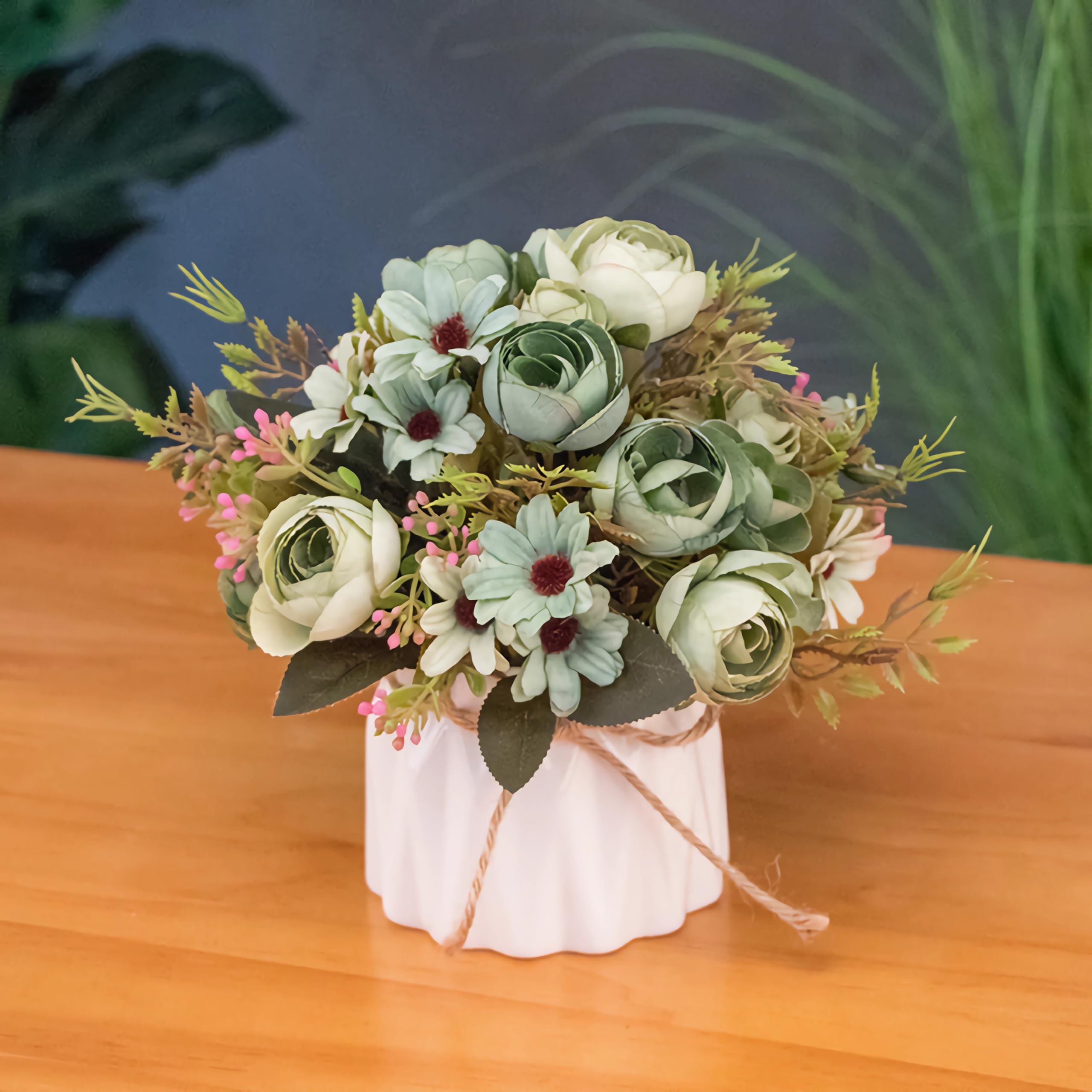 Hbluefat Fake Flowers in Vase, Small Artificial Silk Flowers with Ceramic Vase, Faux Flower Arrangement for Home Office, Coffee Dining Table