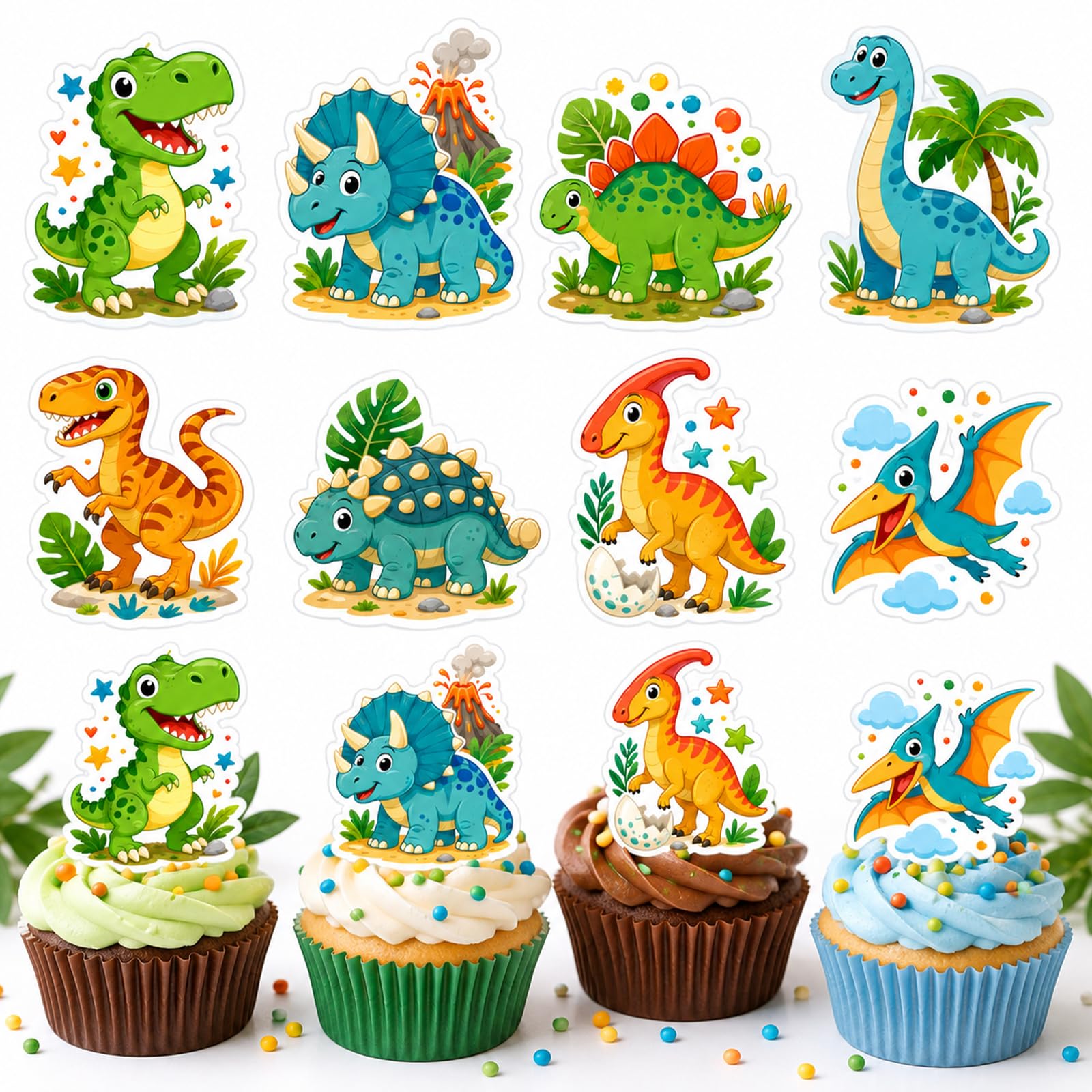 ALLAVA 48 Pcs Edible Dinosaur Cupcake Toppers & Cake Toppers 8 Dino Designs — image 1