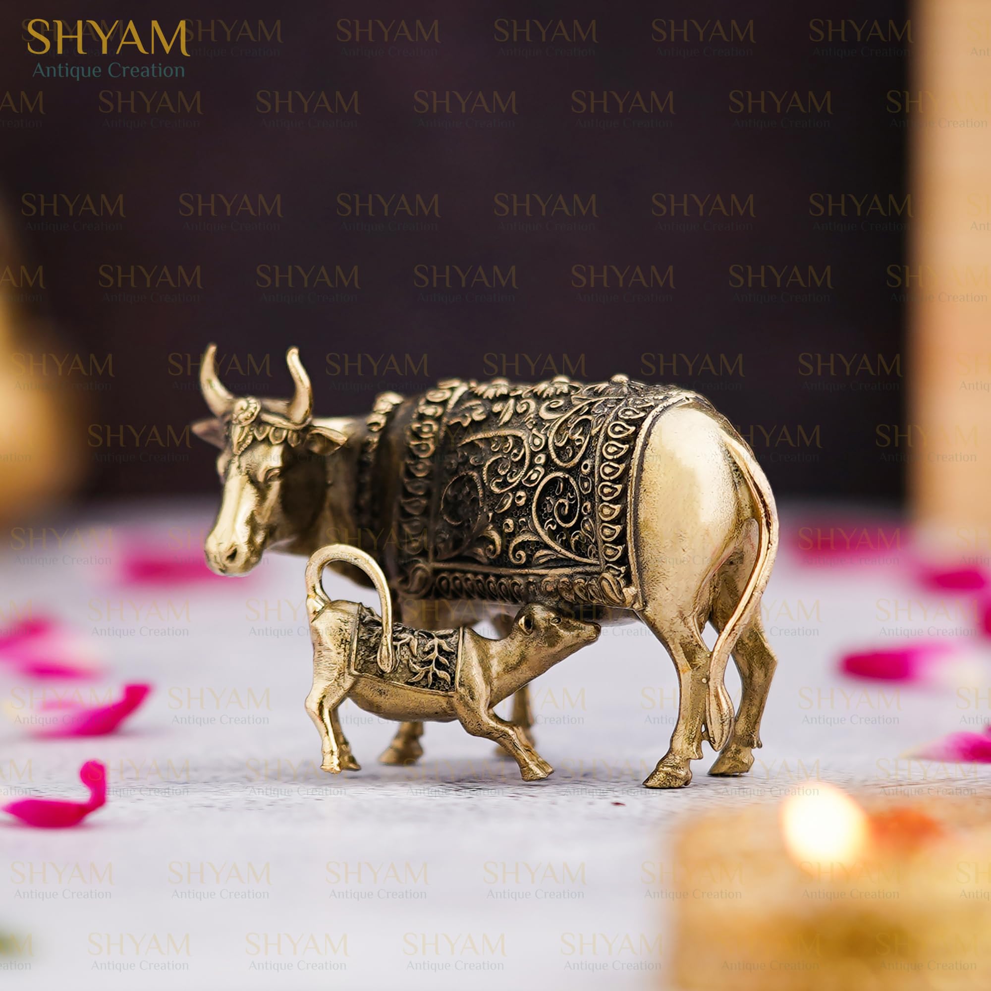 IS4A Kamadhenu Cow Statue - Gold Tone Metal Art For Home Temple And Decor