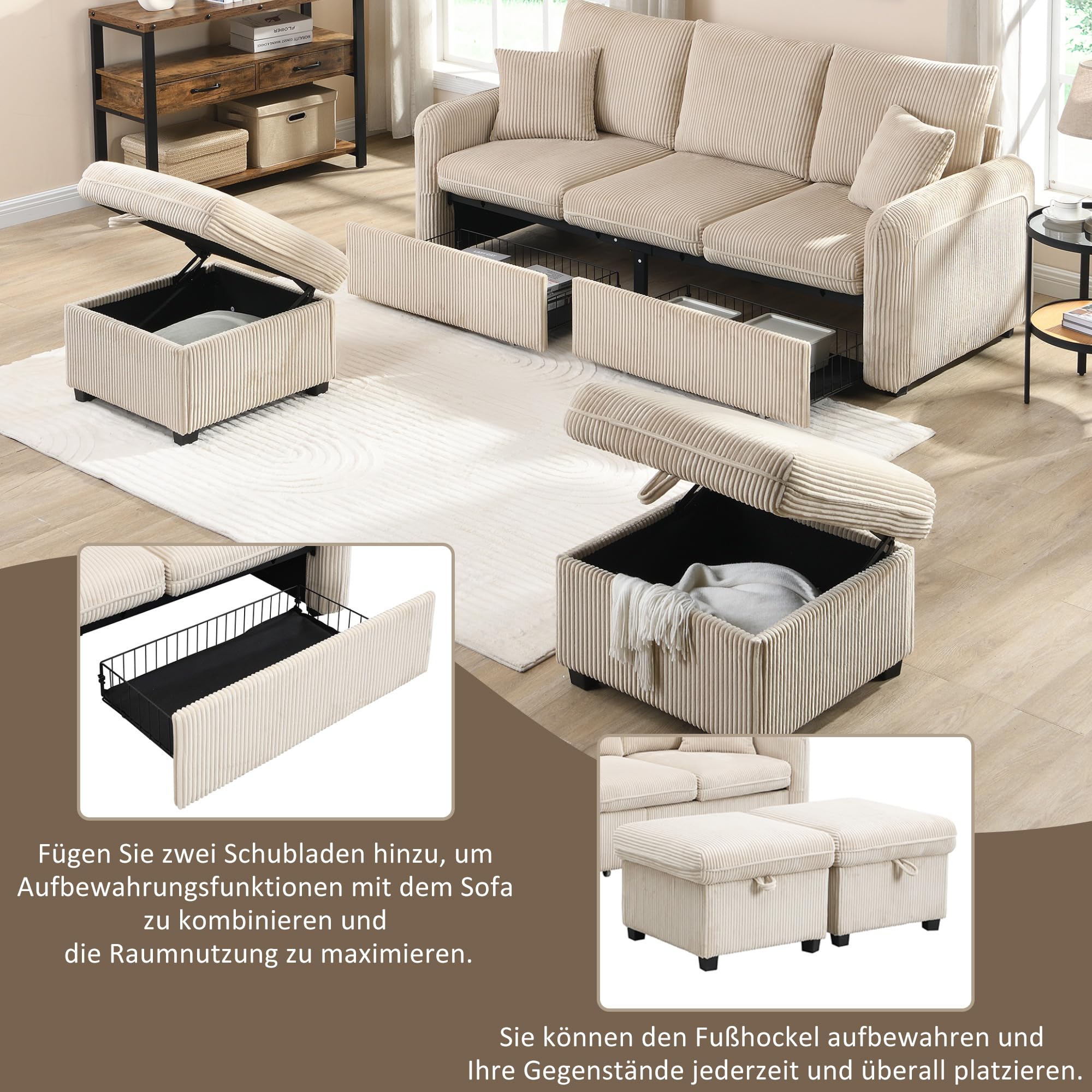 Multifunktionale Ecksofa U-Form-Dreisitzer Polster-Sofa mit Staufunktion – Inklusive Schubladen + Hocker mit Staufach, Modular Zerlegbares mit Schlaffunktion, Cord-Stoff, Beige