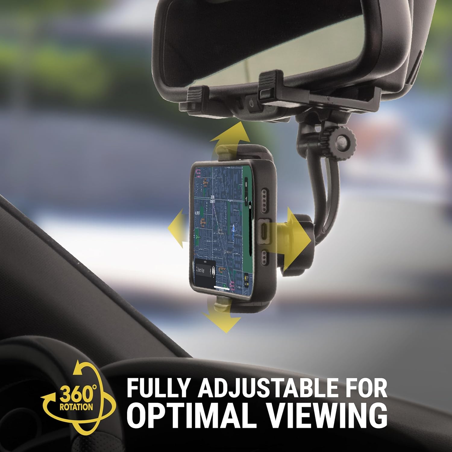 Scosche SUHRM Rear View Mirror Phone Holder, 360° Rotatable Rearview Mirror Cell Phone Car Mount, Cellphone Stand Compatible with iPhone 16/15/14/13/12 Series, Android & Mobile Phones up to 3.5 inches