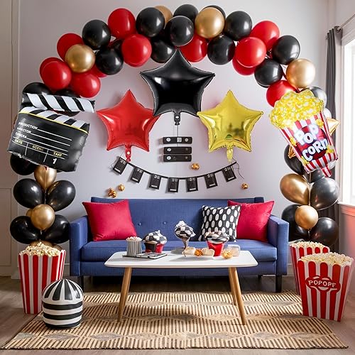 Miniatura 5 de Kit de arco de guirnalda de globos de noche de película, globos rojos y negros dorados con cámara de papel de aluminio de estrella, globos de
