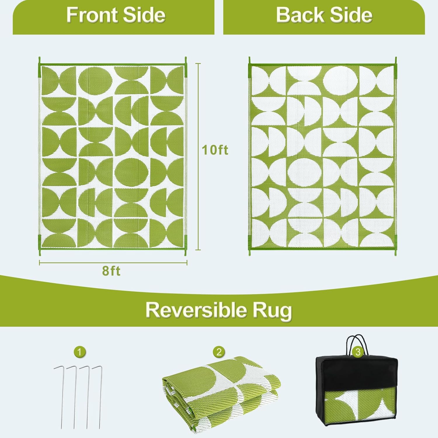 Wonnitar Outdoor Rugs 8x10 Waterproof Plastic Straw Rug, Large Outdoor Camping Rug for RV, Reversible Portable Outside Lightweight Area Rug for Backyard Balcony Beach Picnic (Green,8'x10')