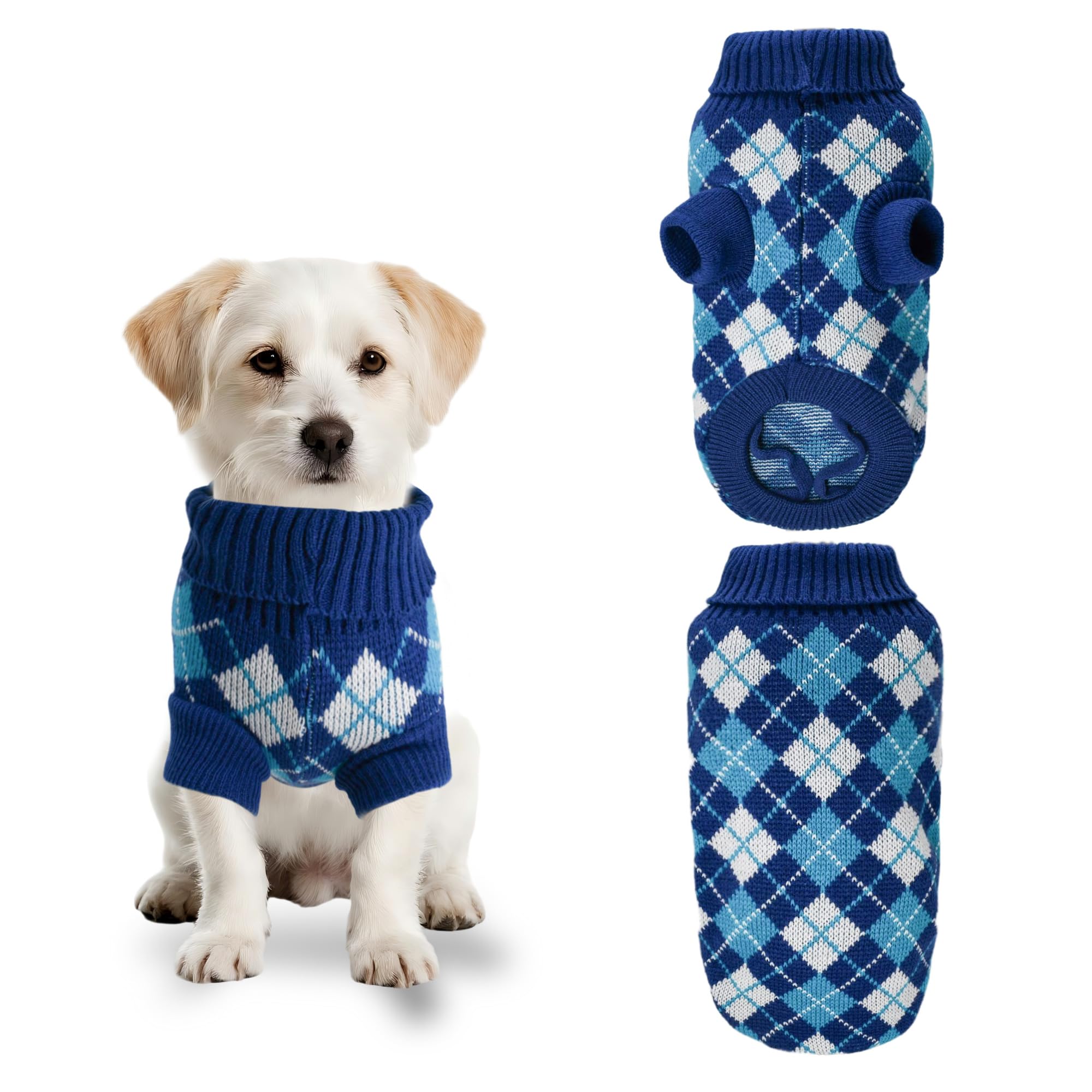 PawSailor Extra Small Dog Jumper Knitted Plaid Pattern Winter Warm Puppy Pullover Turtleneck Cat Jumper Soft Comfortable Pet Clothes for Kitten, Toy Poodle, Chihuahuas, Yorkies, Blue XS