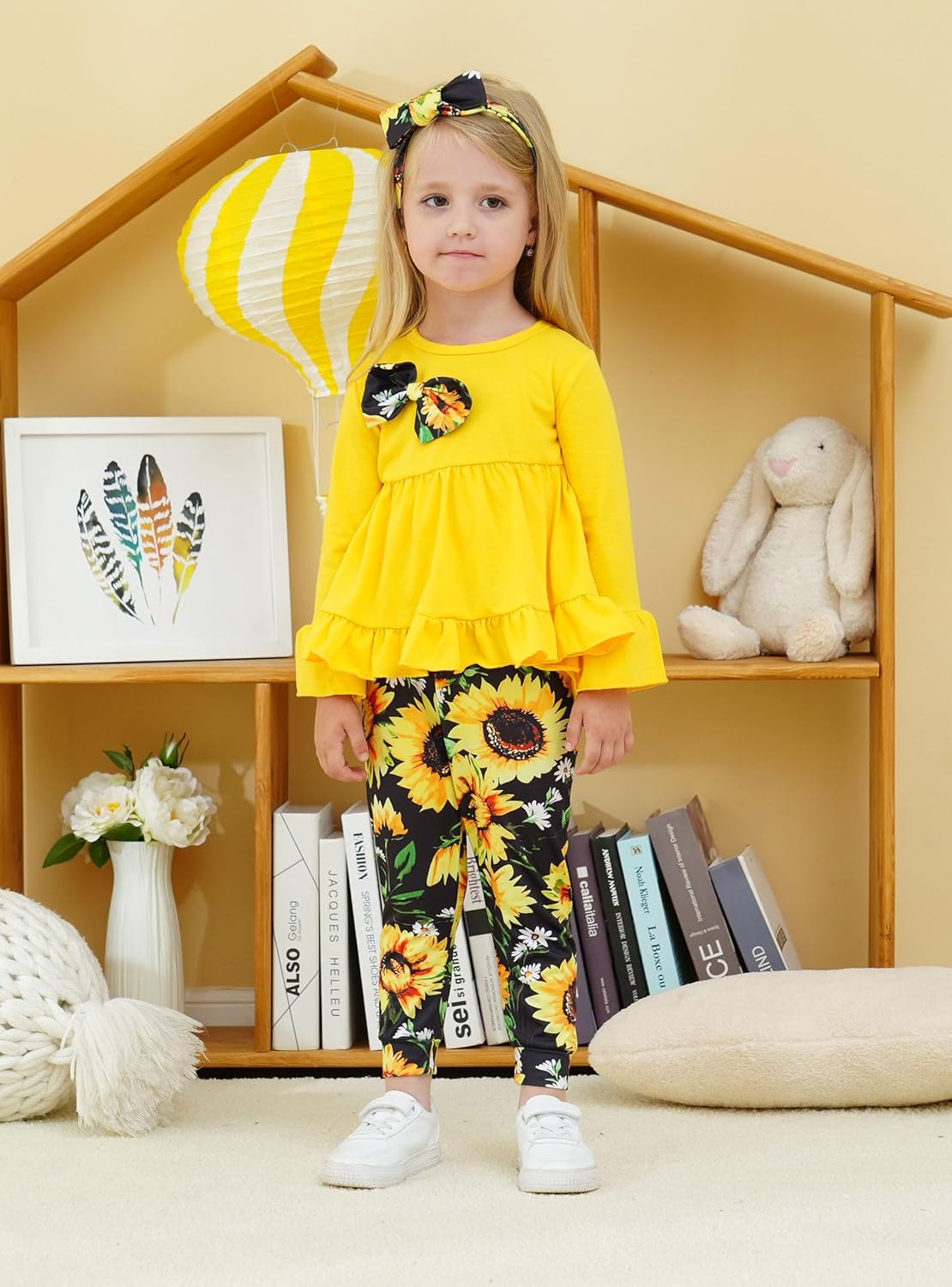 Toddler Baby Girl Clothes Floral Outfit Ruffle Sleeve Shirt with Headband 3PC Pant Set Fall Clothing for Girl - Image 5