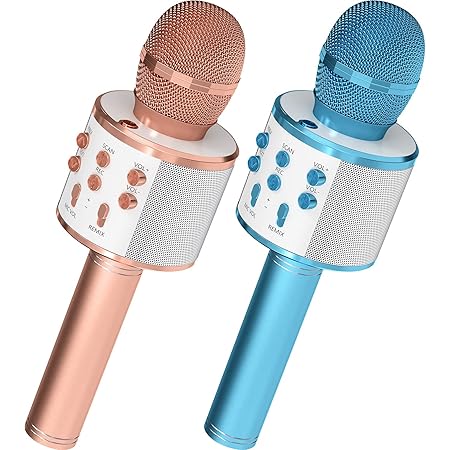 OVELLIC 2 Pack Karaoke Microphone for Kids, Wireless Bluetooth Karaoke Microphone for Singing, Portable Handheld Mic Speaker Machine, Great Gifts Toys for Girls Boys Adults All Age (Rose Gold & Blue)