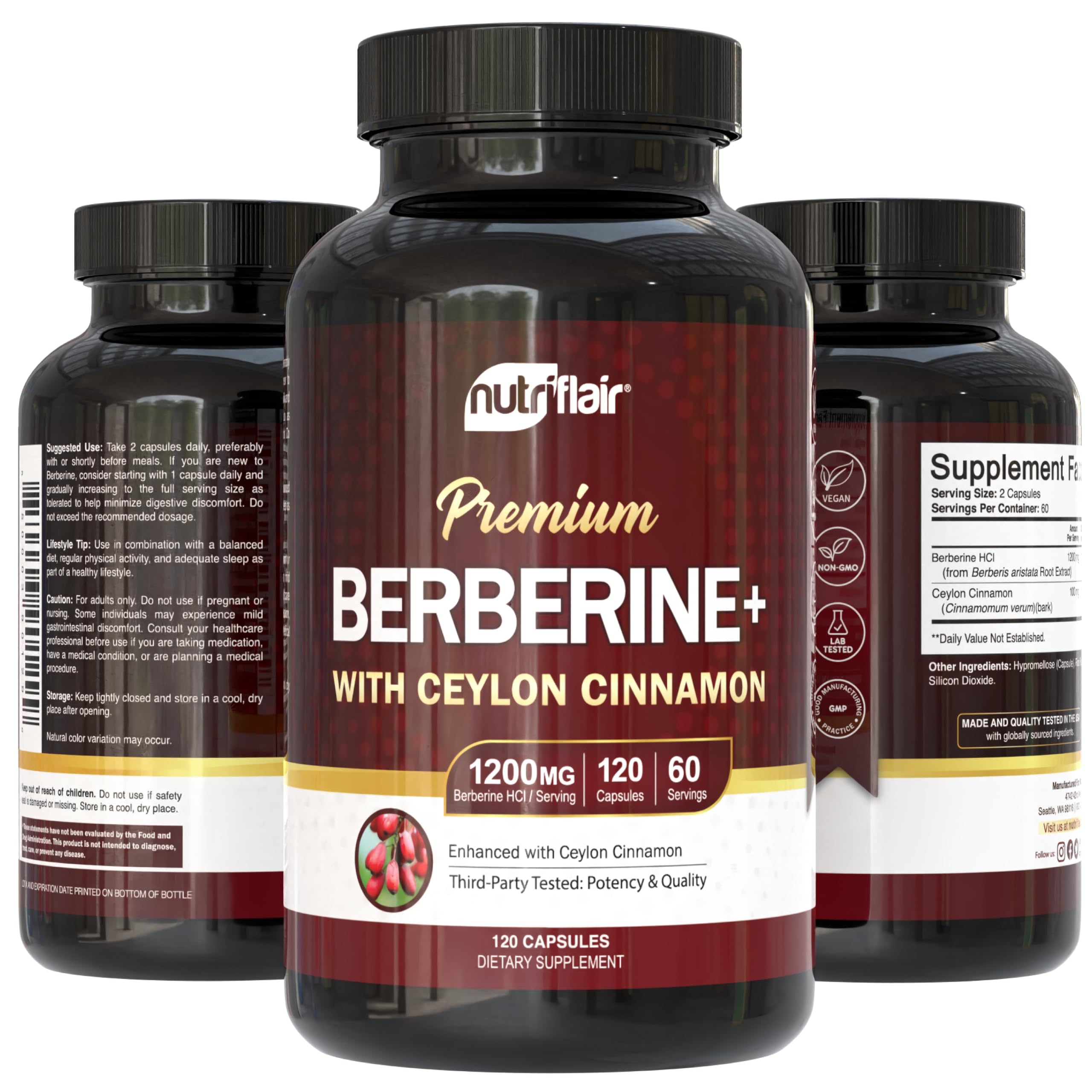 NutriFlair Berberine HCl 1200mg with Ceylon Cinnamon, 120 Capsules — Amazon image 5