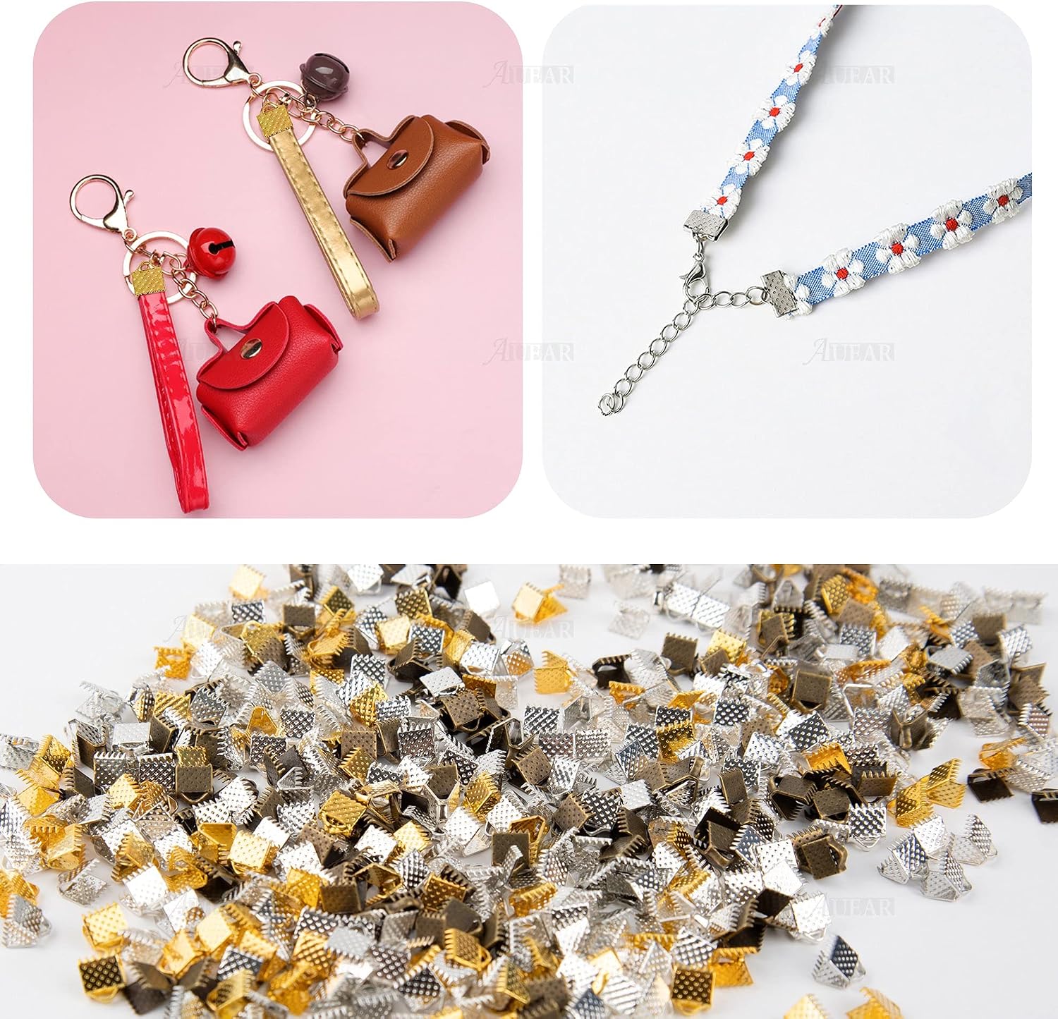 AUEAR, 500 Pack Iron Ribbon Ends Bookmark Pinch Crimp Clamp Findings Cord End Fastener Clasps for Leather Suede Jewelry Making 6mm