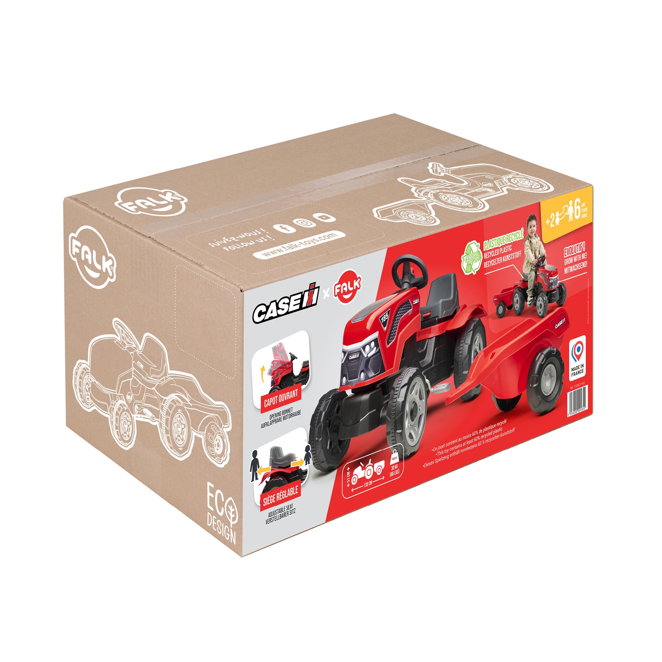 Falk Case IH Traktor mit Pedalen, für Kinder, mit Anhänger, ab 2 Jahren | Haube zum Öffnen und verstellbarer Sitz
