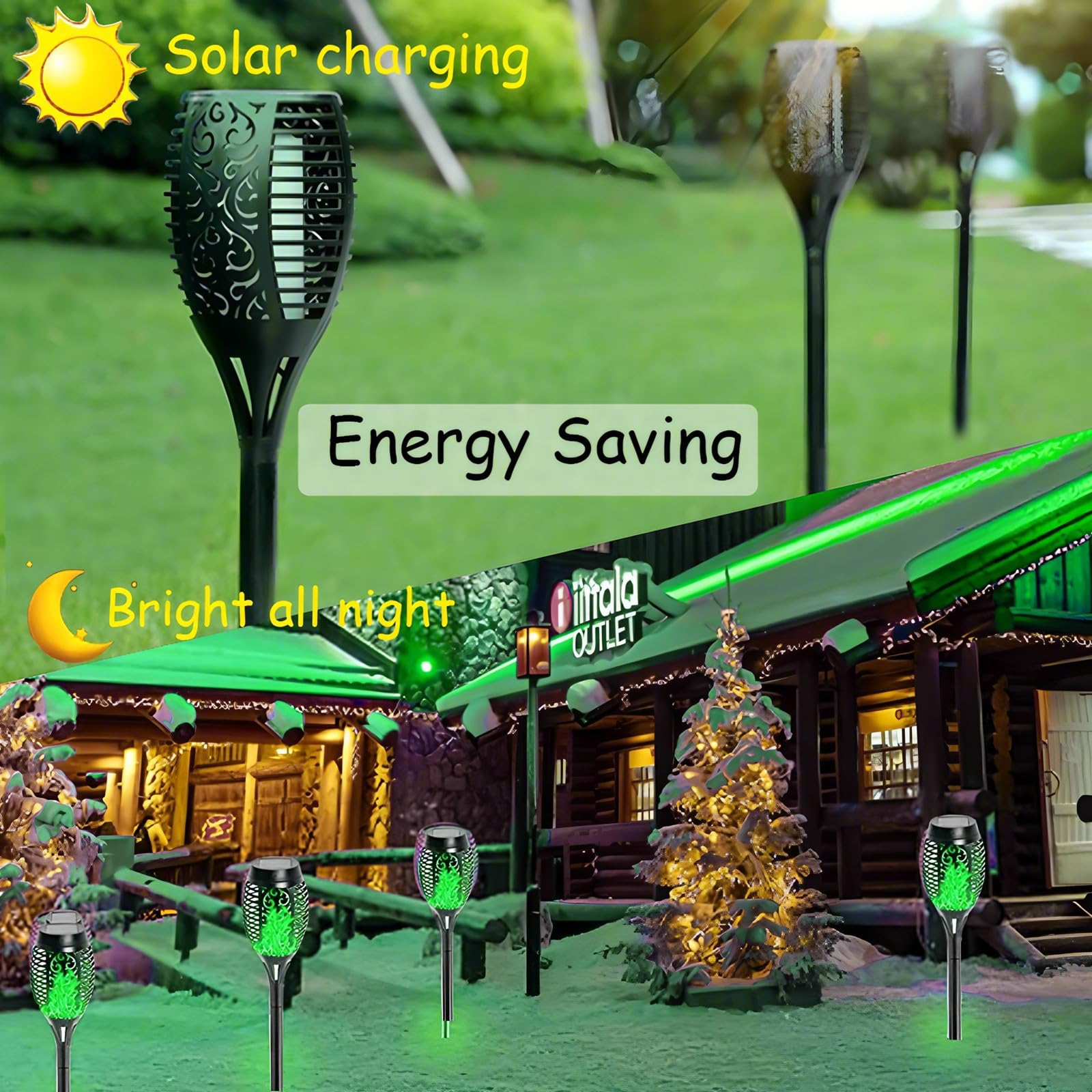 Solar-Flammenlicht für den Außenbereich, Gartendekorationen mit flackernder Flamme, IP65 wasserdicht, solarbetriebene Hoflichter für Rasen, Terrasse, Weg, Dekoration, 4 Stück (grün)